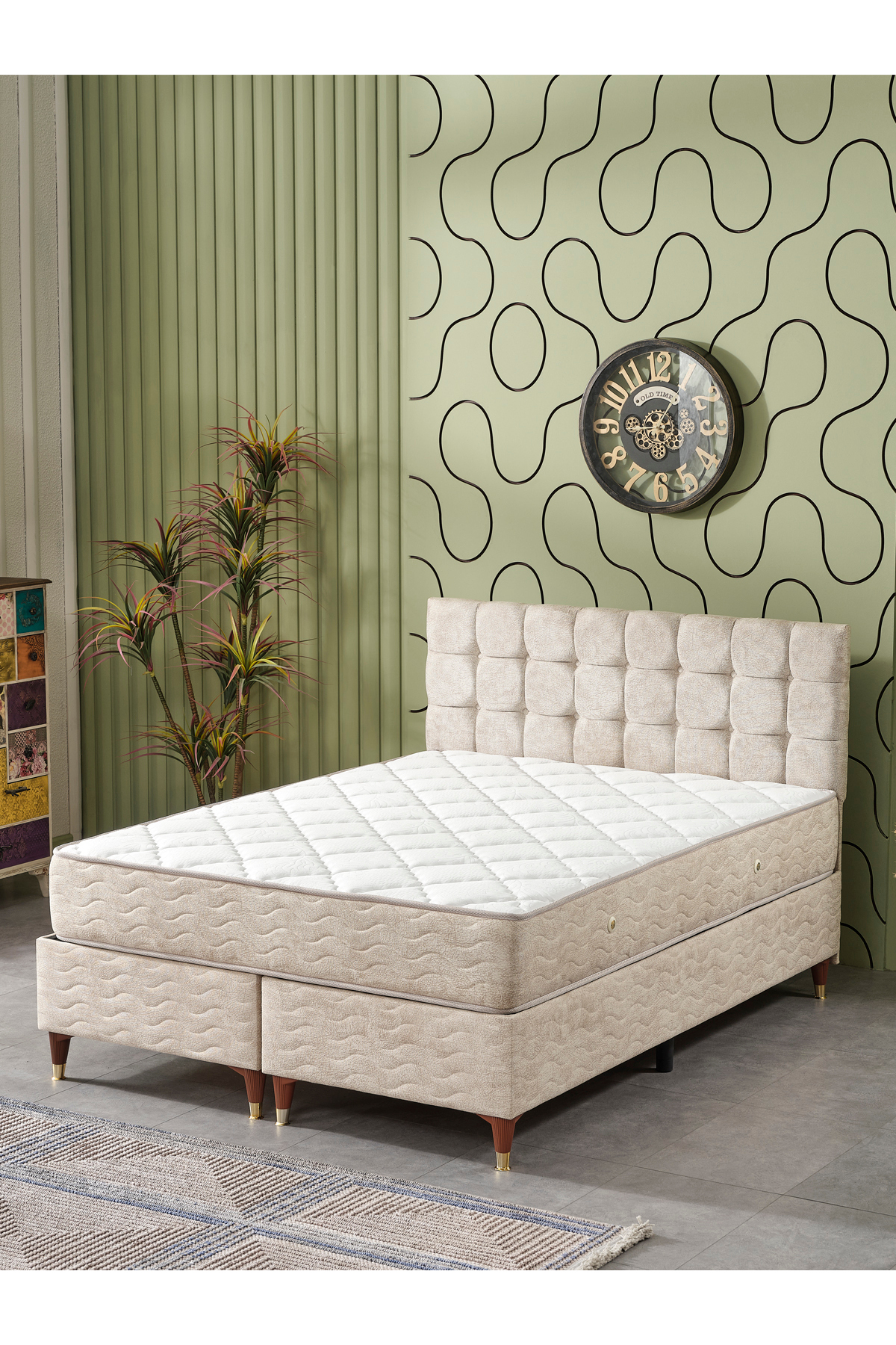 Bengü Lit Double (Tête de Lit + Sommier + Matelas) Set de 3 (JERY Crème)