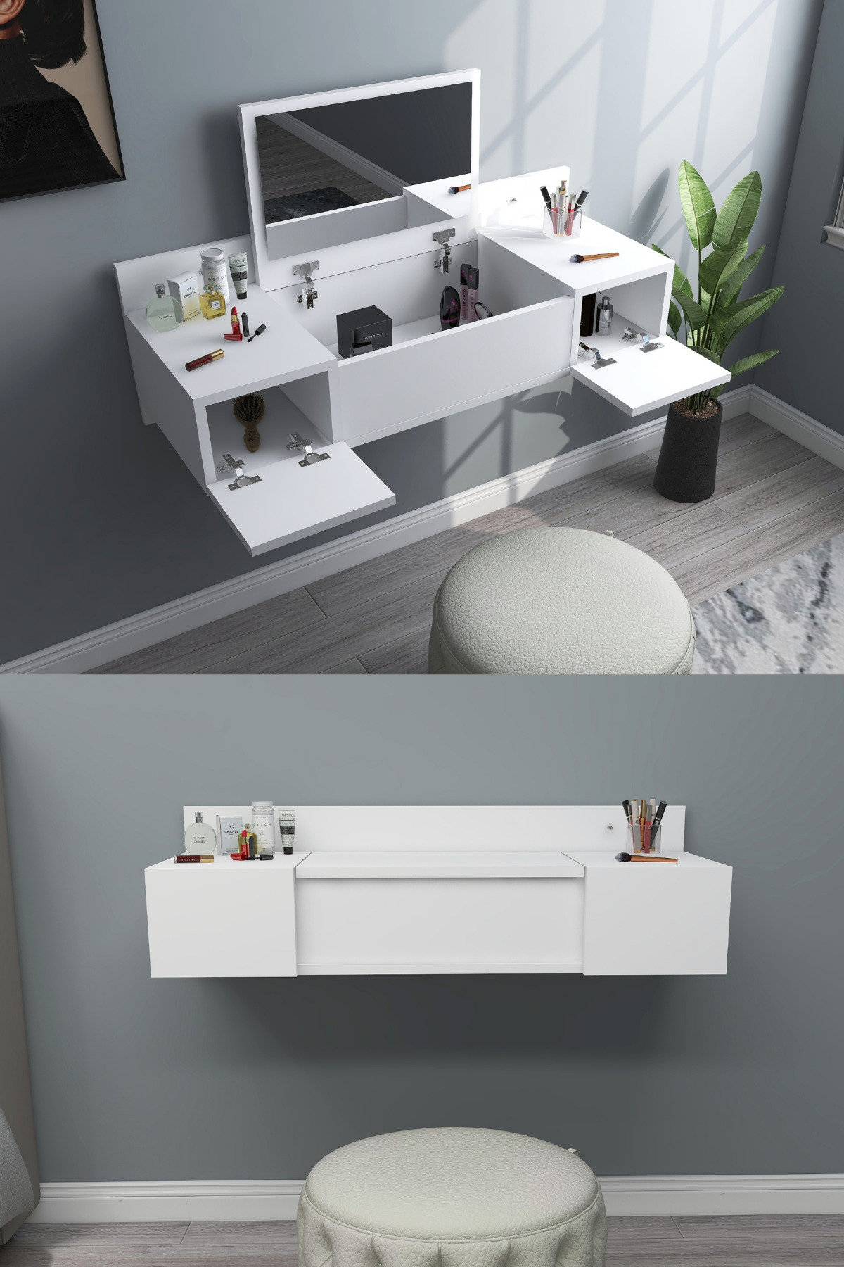 Zakkum Wall-Mounted Vanity Table with Shelves and Mirror, White - Zakkum
