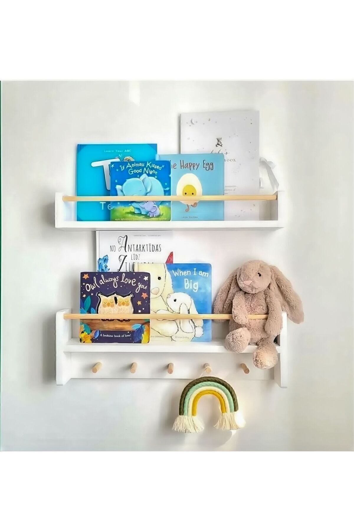 Bibliothèque murale Montessori à 2 étagères avec crochets, MDF blanc