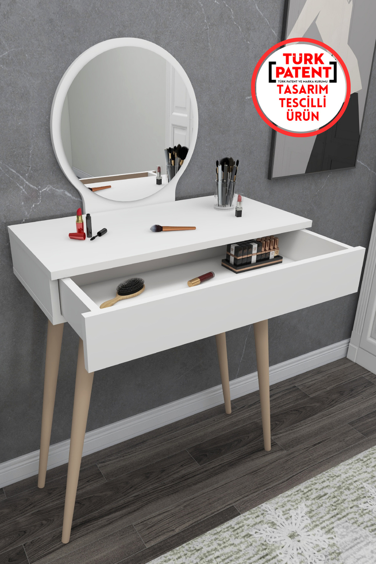 Siena Wooden Vanity Table with Mirror and Drawers, White - Siena
