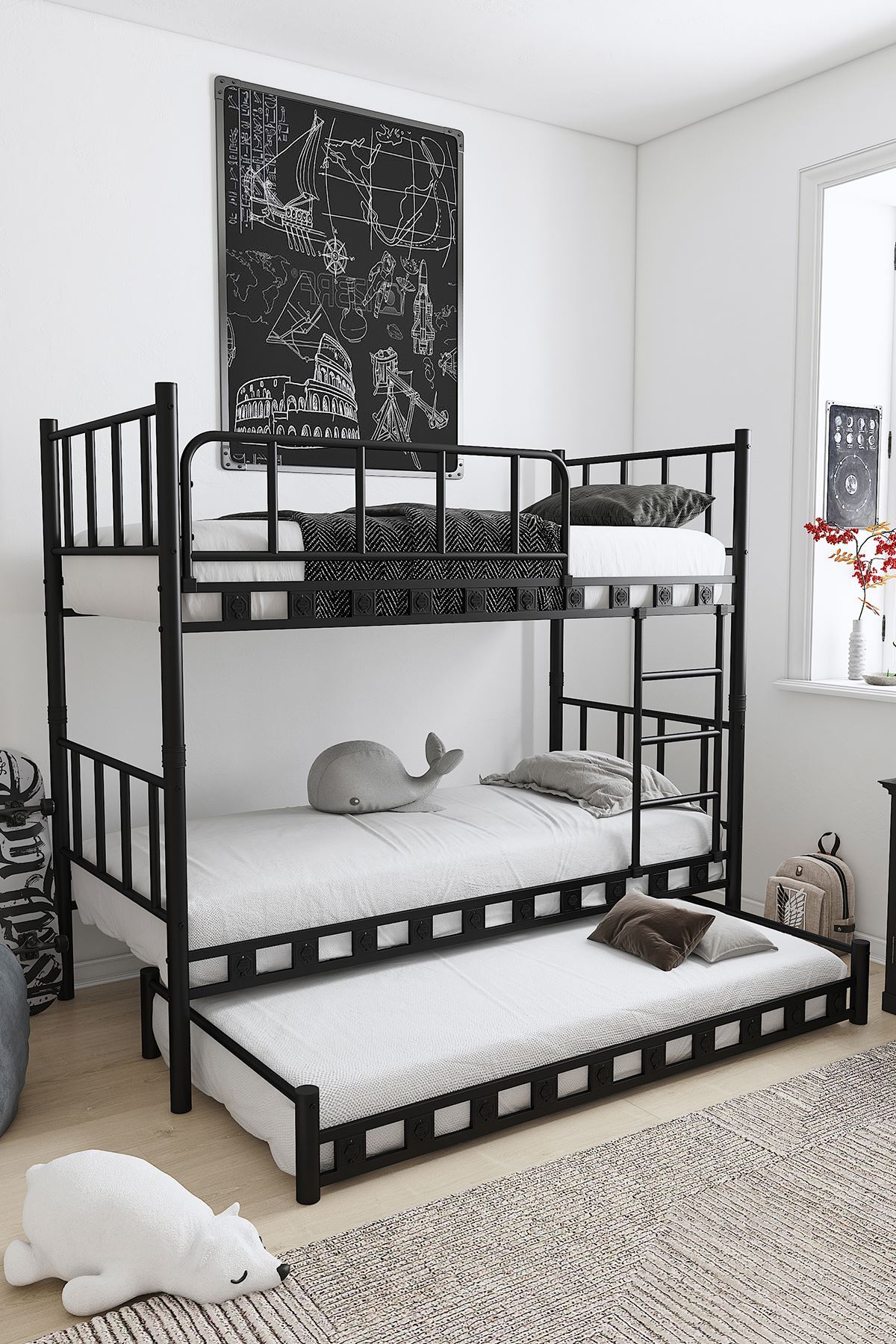Zambak Yavrulu Kinderkamer Stalen Stapelbed en Bedframe Zwart