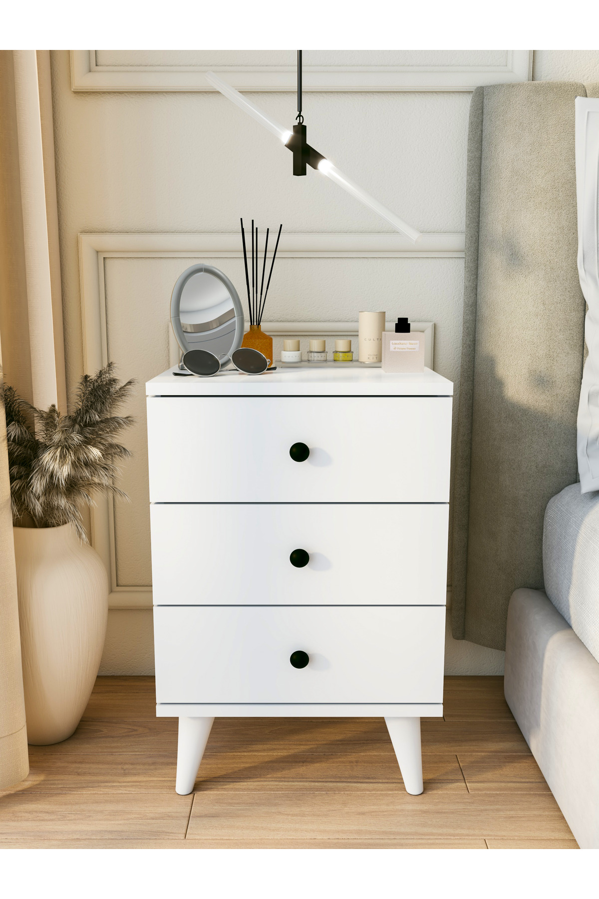 Table de chevet blanche brillante moderne à 3 tiroirs pour chambre à coucher