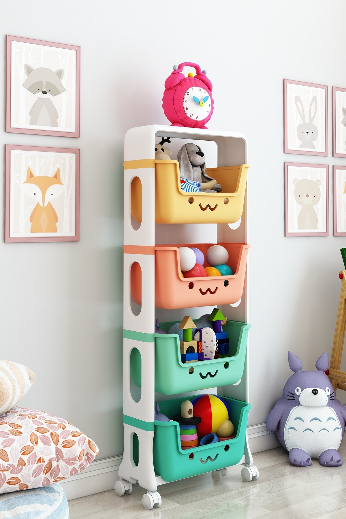 Armoire à jouets à 4 niveaux, organisateur de jouets, armoire à jouets avec panier