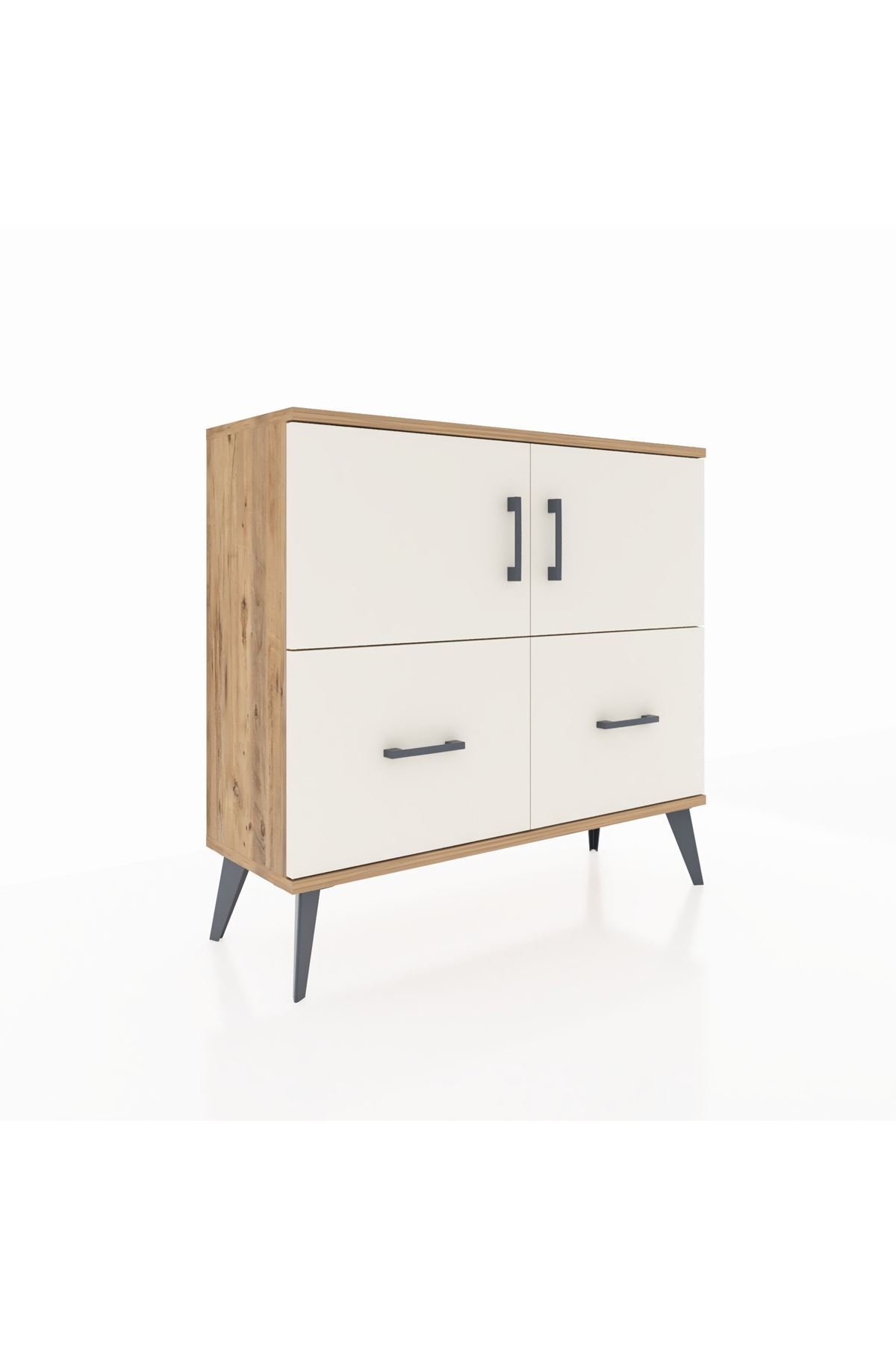 Commode Arges avec 2 étagères, 2 tiroirs et 2 portes, en pin et pierre d'onyx