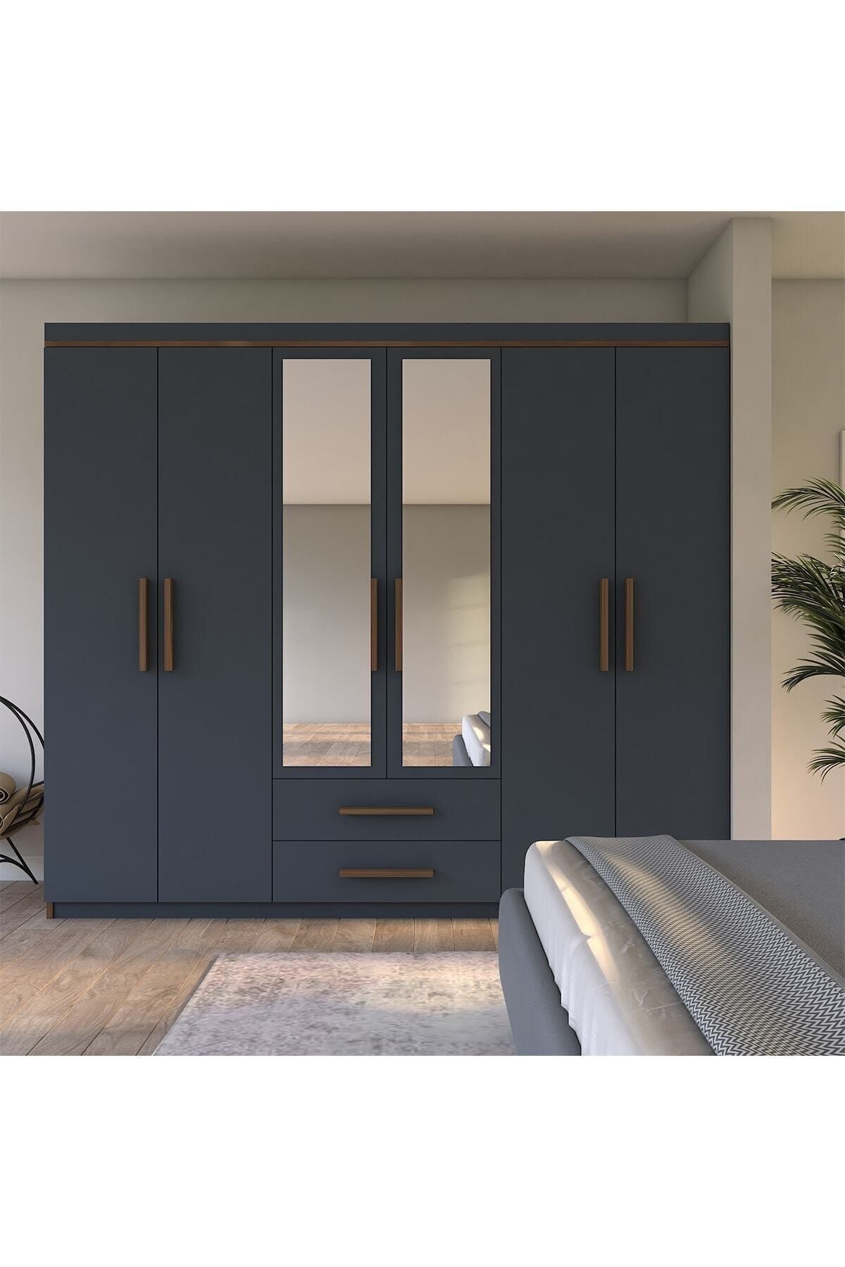  Armina Luxe Armoire 6 Portes 2 Tiroirs avec Miroir Noyer-Gris Anthracite