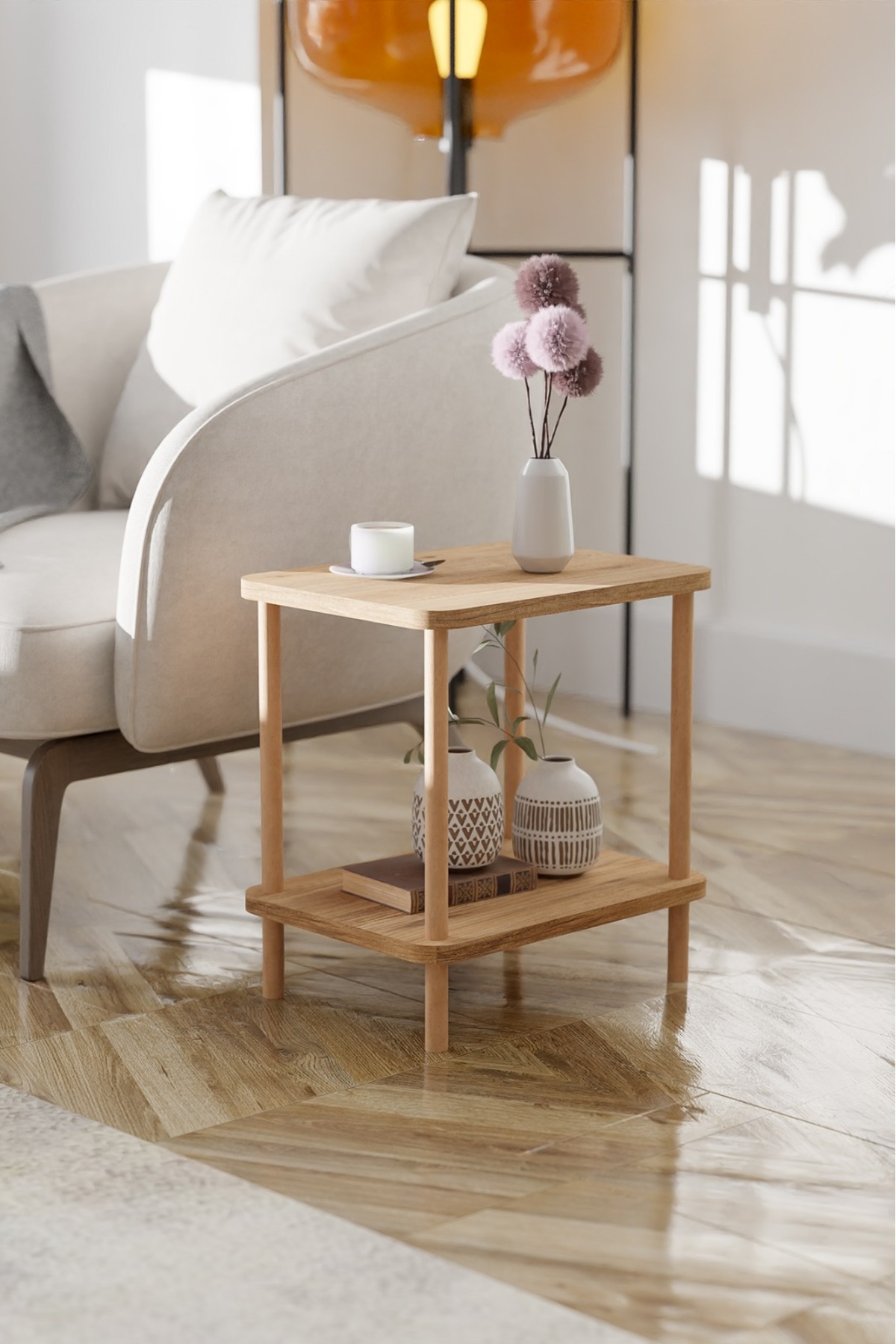 Table d'appoint latérale à 2 étagères avec large porte-journaux, bibliothèque, support pour fleurs, table de chevet, table de chevet polyvalente