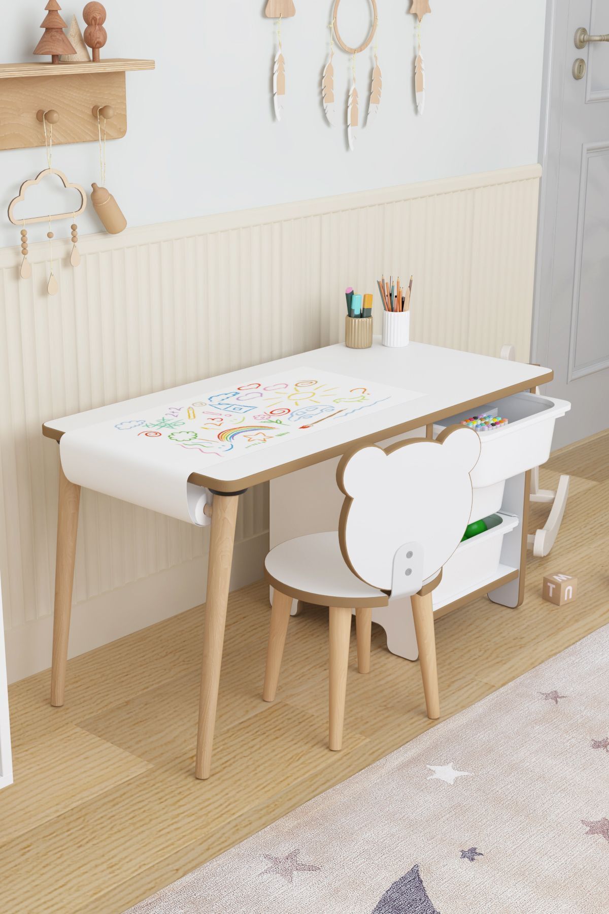Table d'activité avec rouleau de papier à dessin, bureau pour enfants, armoire à jouets