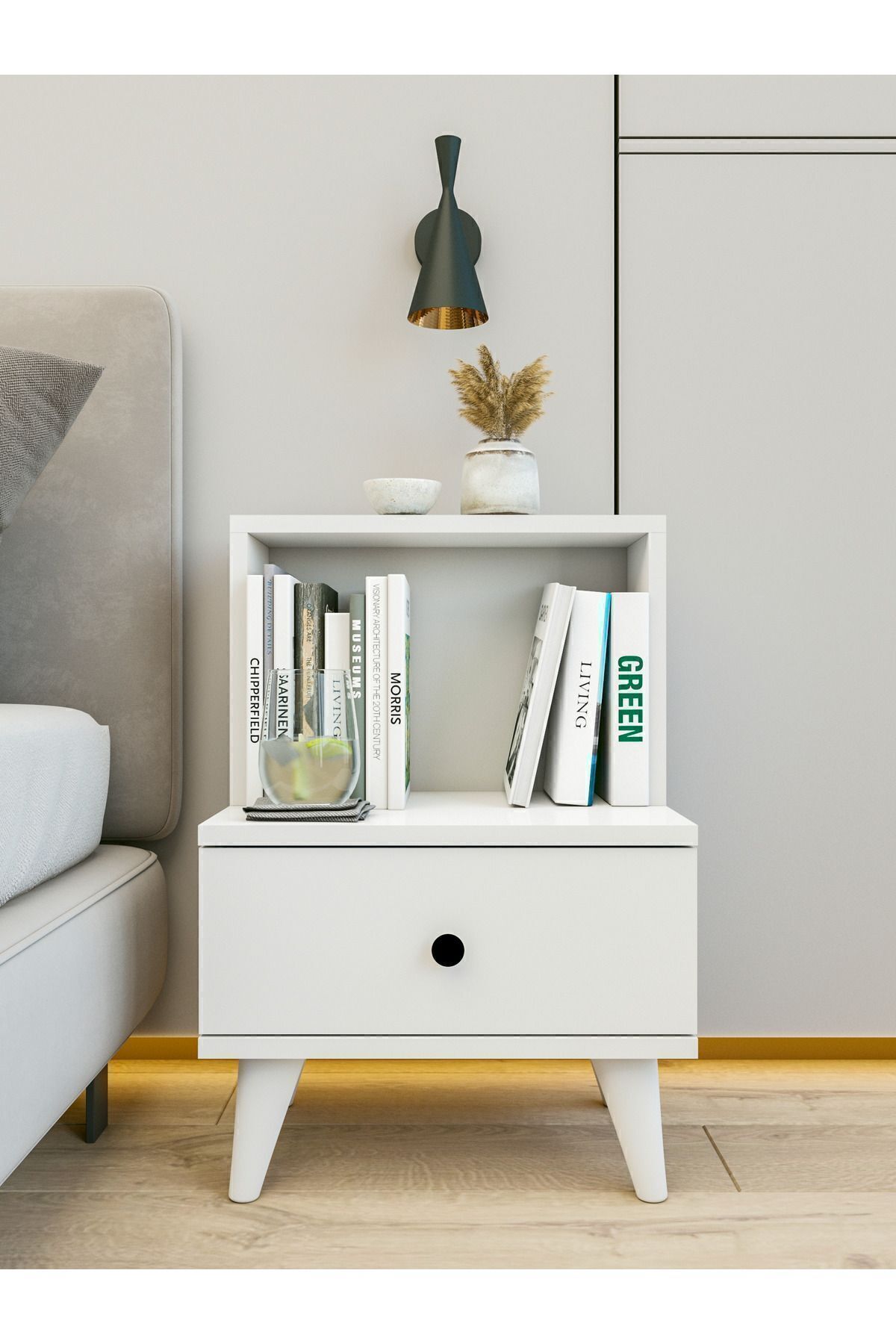 Table de chevet brillante blanche avec tiroirs et étagères pour chambre à coucher