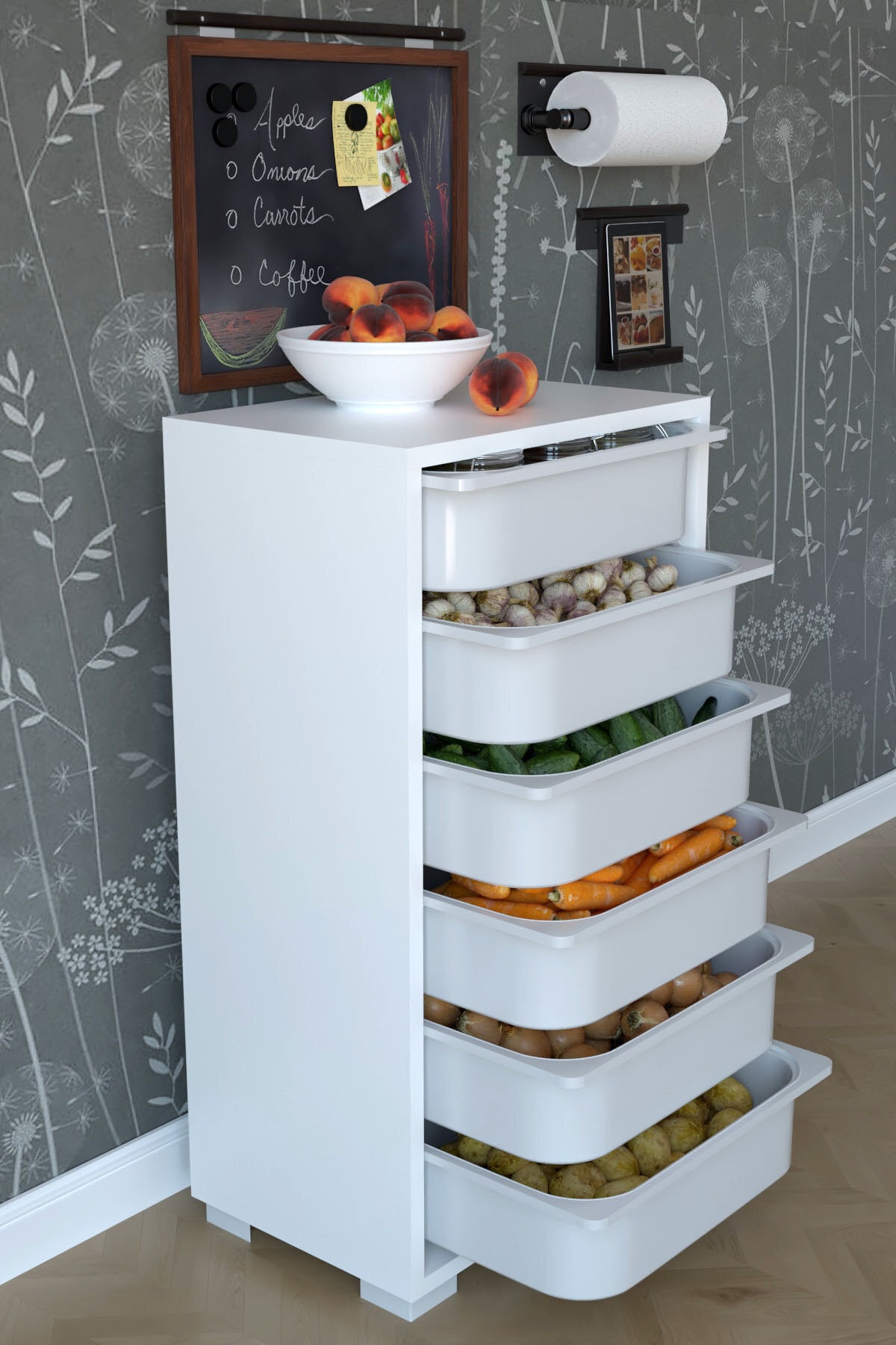 Armadio da cucina multifunzione con 6 cestini per verdure - Bianco