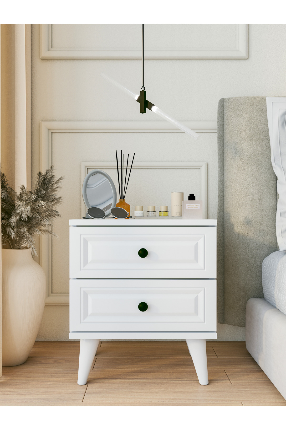 Table de chevet blanche brillante avec tiroirs de style campagne pour chambre à coucher