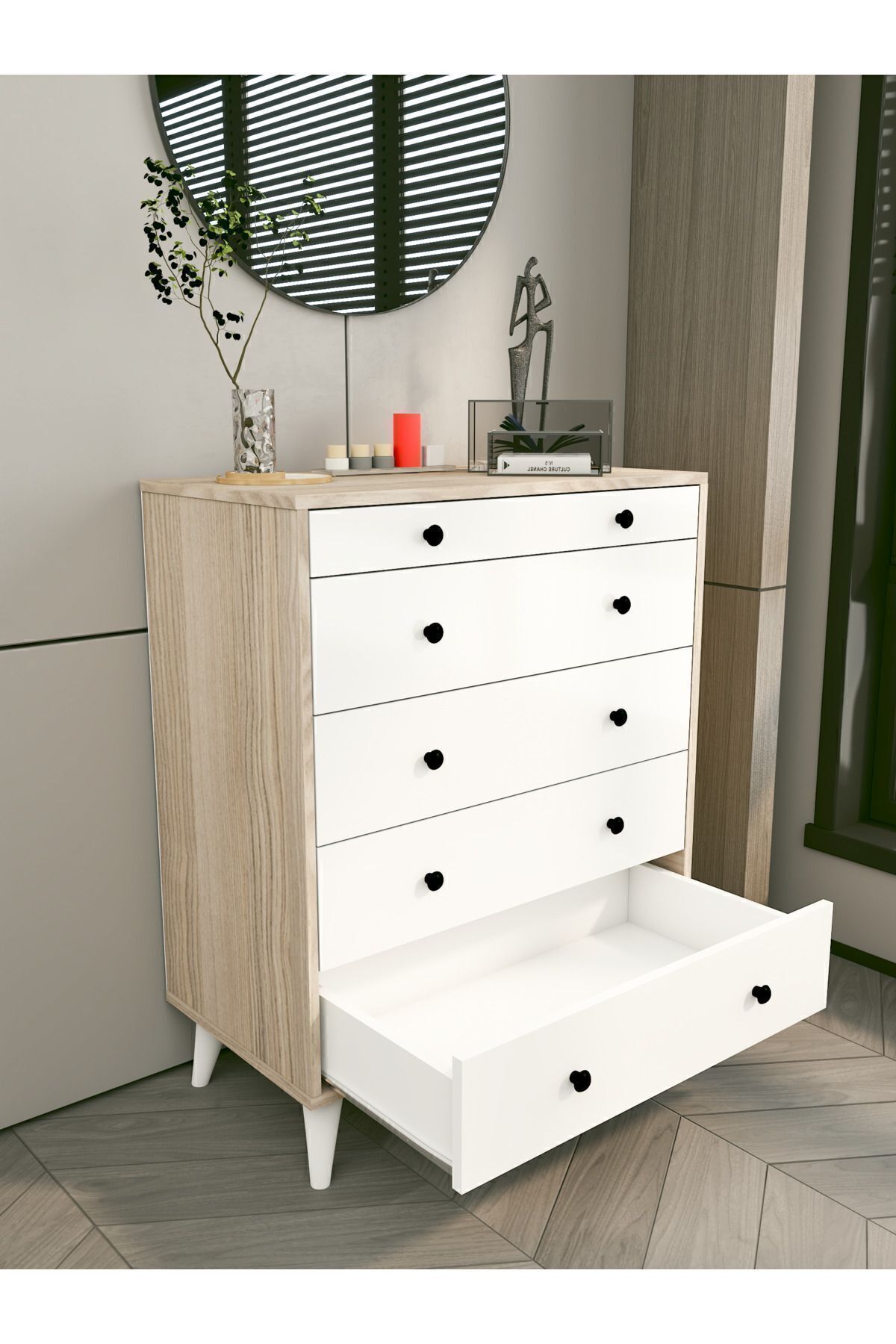 Cordoba Dressoir Glanzend Wit-Bruin 5 Lades Landelijke Houten Nachtkastje