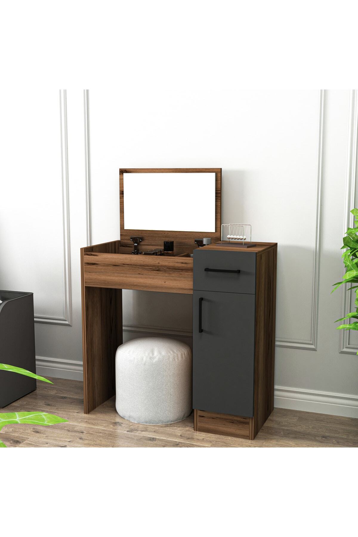 Makeup Table with Mirror, Cabinet with Door, Walnut, Anthracite - Inci Available in 4 Different Color Options