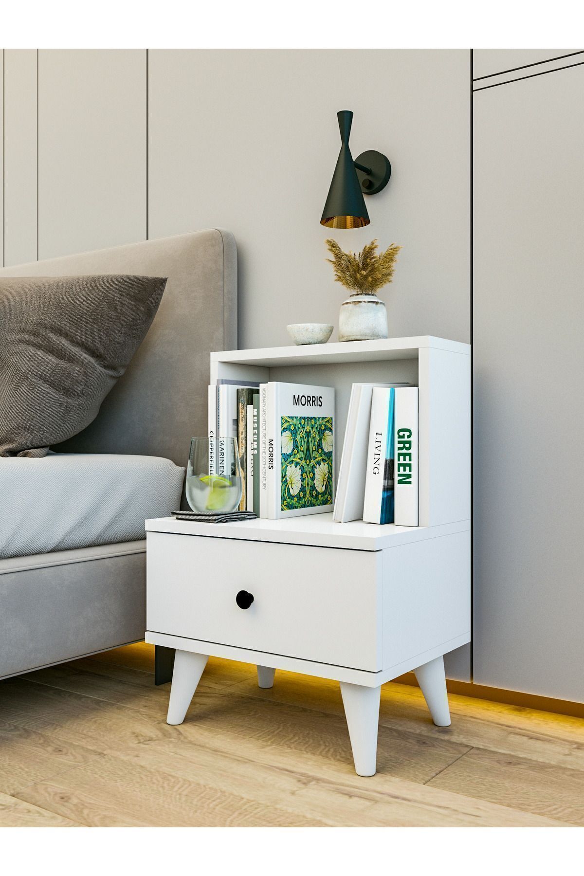 Table de chevet brillante blanche avec tiroirs et étagères pour chambre à coucher