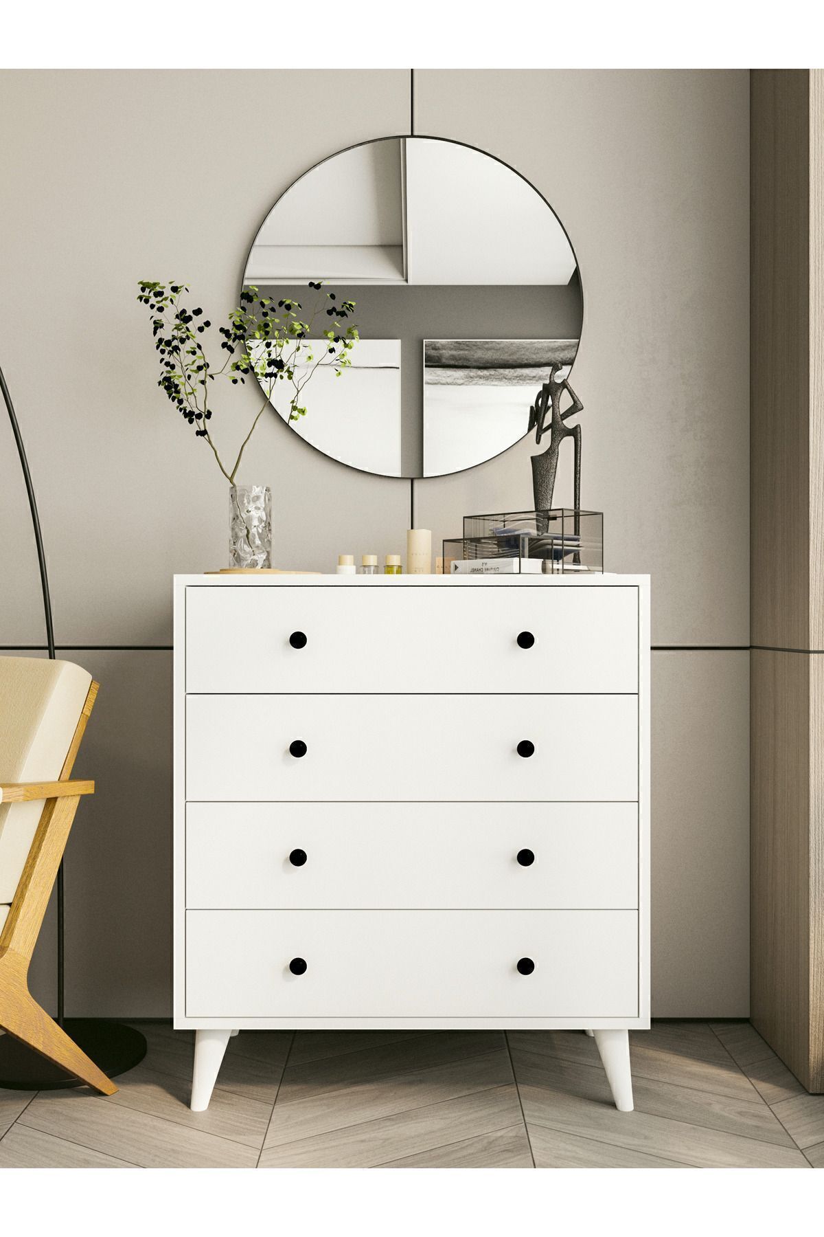 Witte Glanzende Ladekast 4 Laden Country Ladekast Houten Nachtkastje