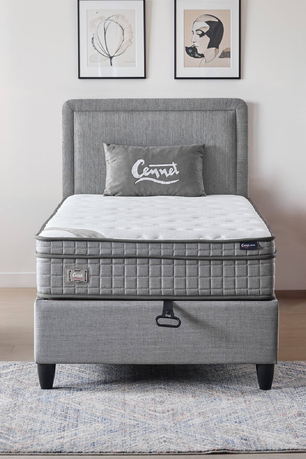 Ensemble 3 pièces Melisa : Sommier coffre une place + Matelas viscoélastique orthopédique antibactérien complet + Tête de lit