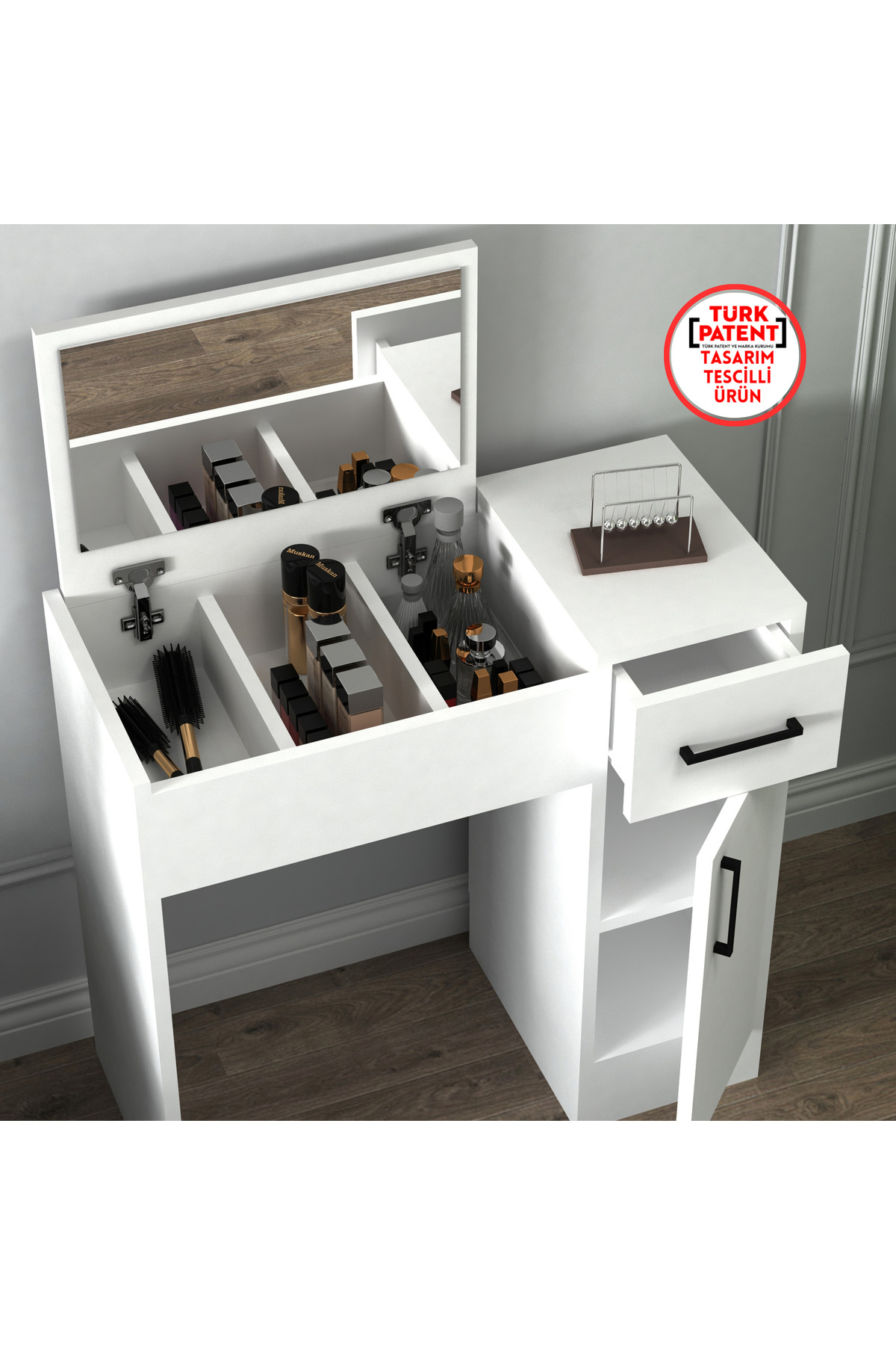Coiffeuse à miroir blanc perle – Avec tiroirs, armoires et design élégant