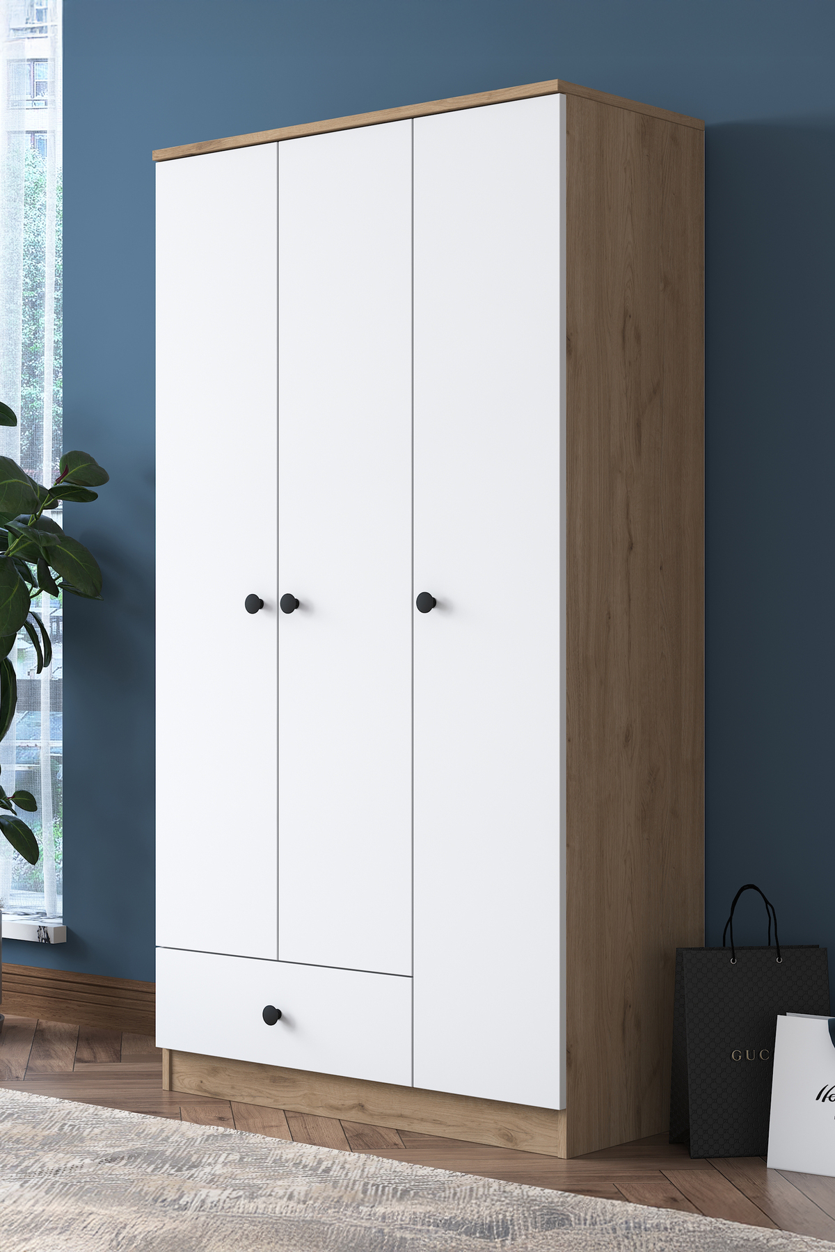 Armoire Rani  Wardrobe 3 portes 1 tiroir 6 étagères 1 panier suspendu Noyer - Blanc
