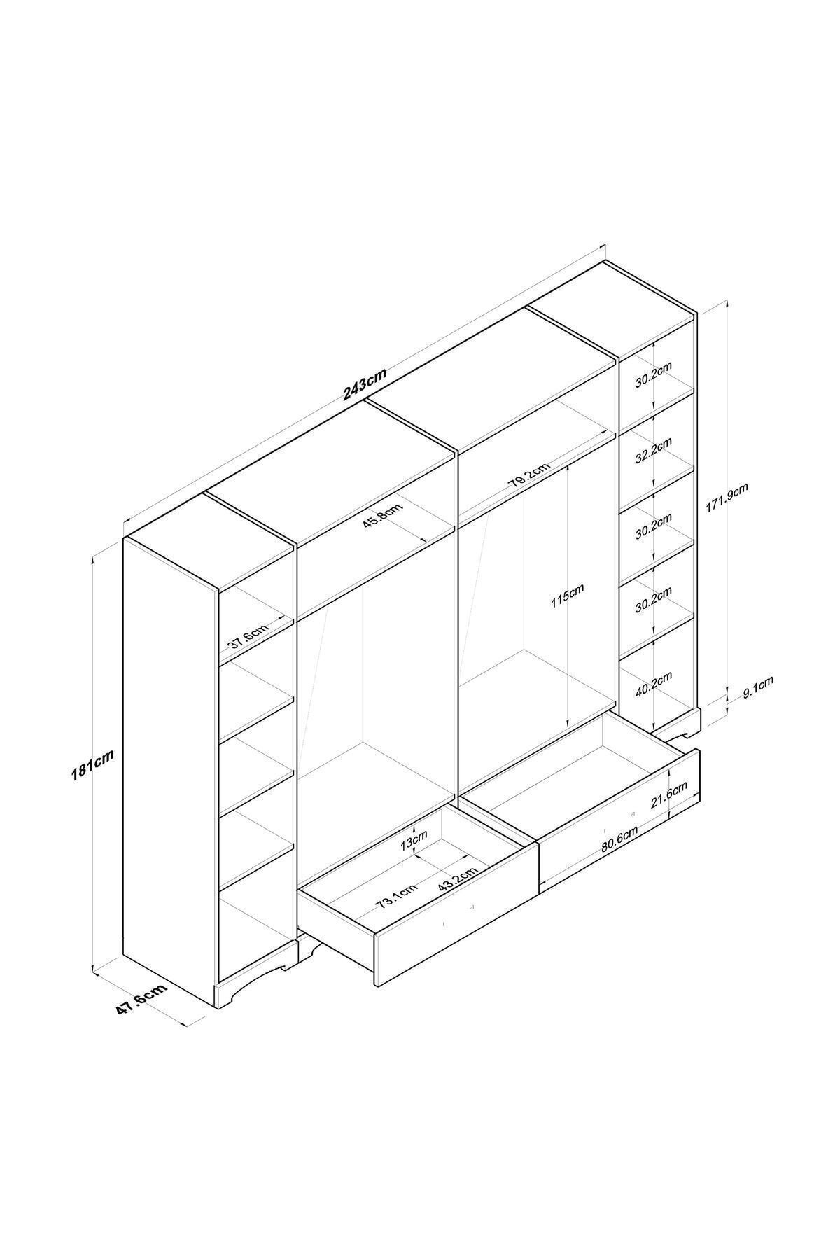 Armoire Rani  à large garde-robe, 6 portes, 2 tiroirs, 2 penderies, module unique, miniature noyer - blanc