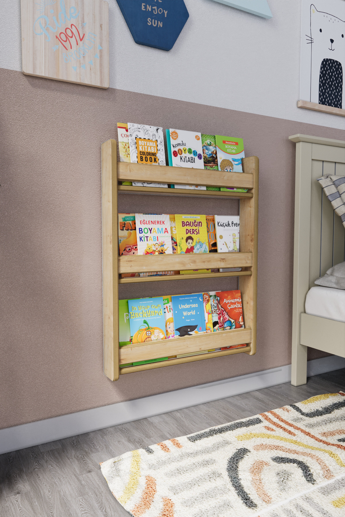 Montessori 3 Raflı Çocuk Kitaplığı  cm - Safir Meşe