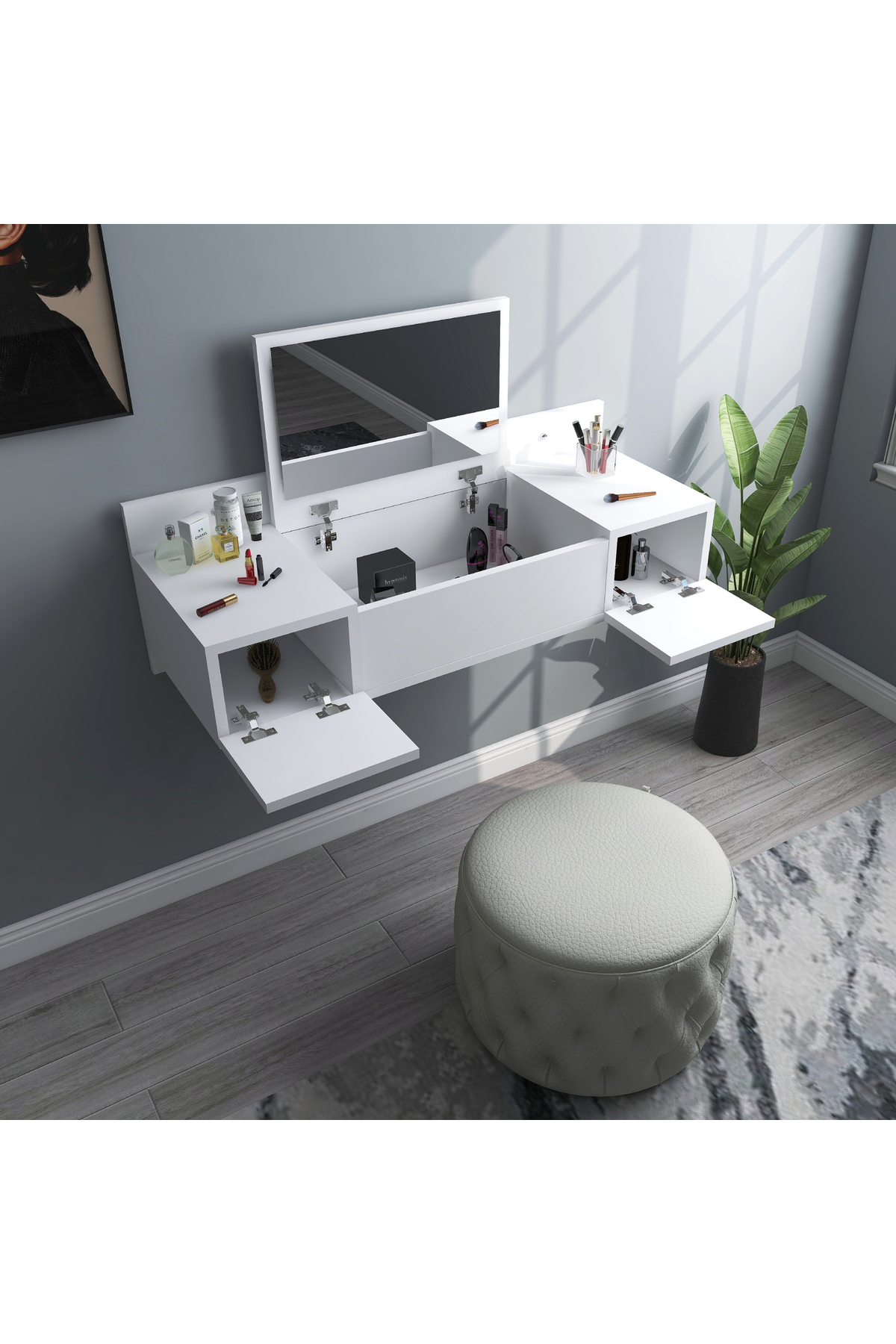 Zakkum Wall-Mounted Vanity Table with Shelves and Mirror, White - Zakkum