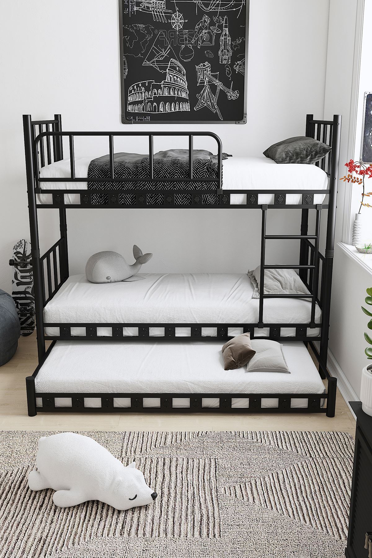 Zambak Yavrulu Kinderkamer Stalen Stapelbed en Bedframe Zwart