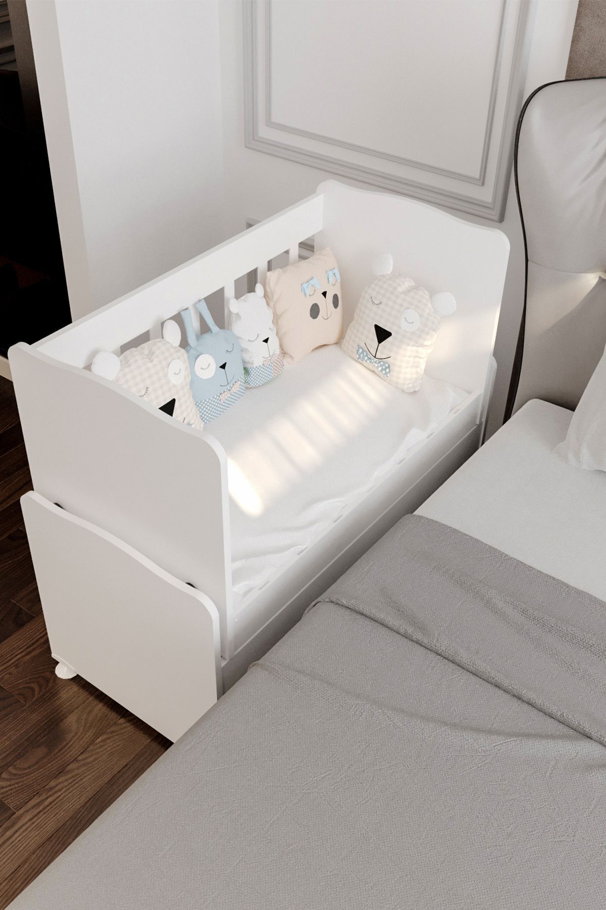 Culla per Bambole in Legno Bianco Oscillante senza Cassetti per Mamma