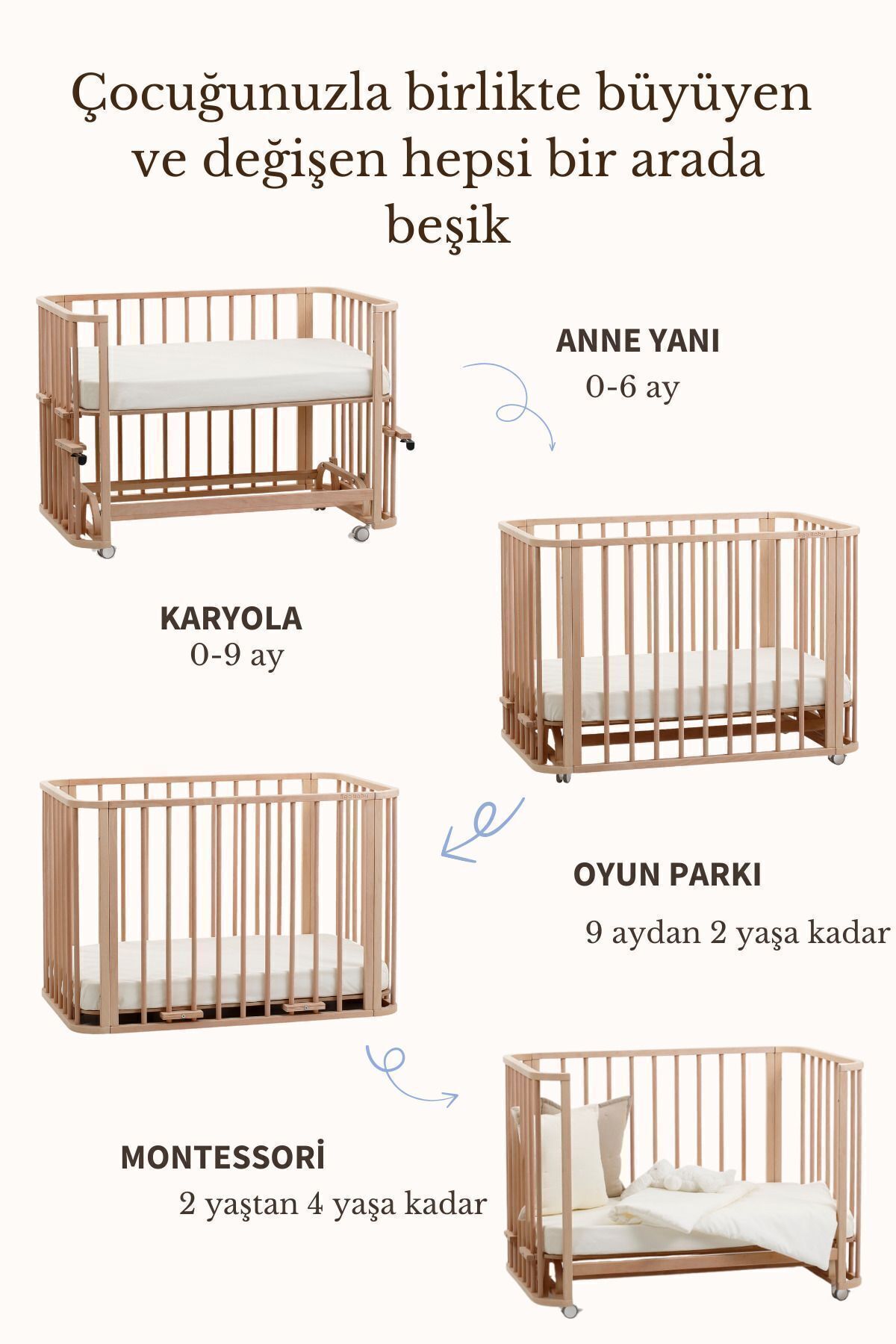 Set di Culla in Legno Naturale (BL) X - lettino, letto, parco giochi, letto Montessori Junior