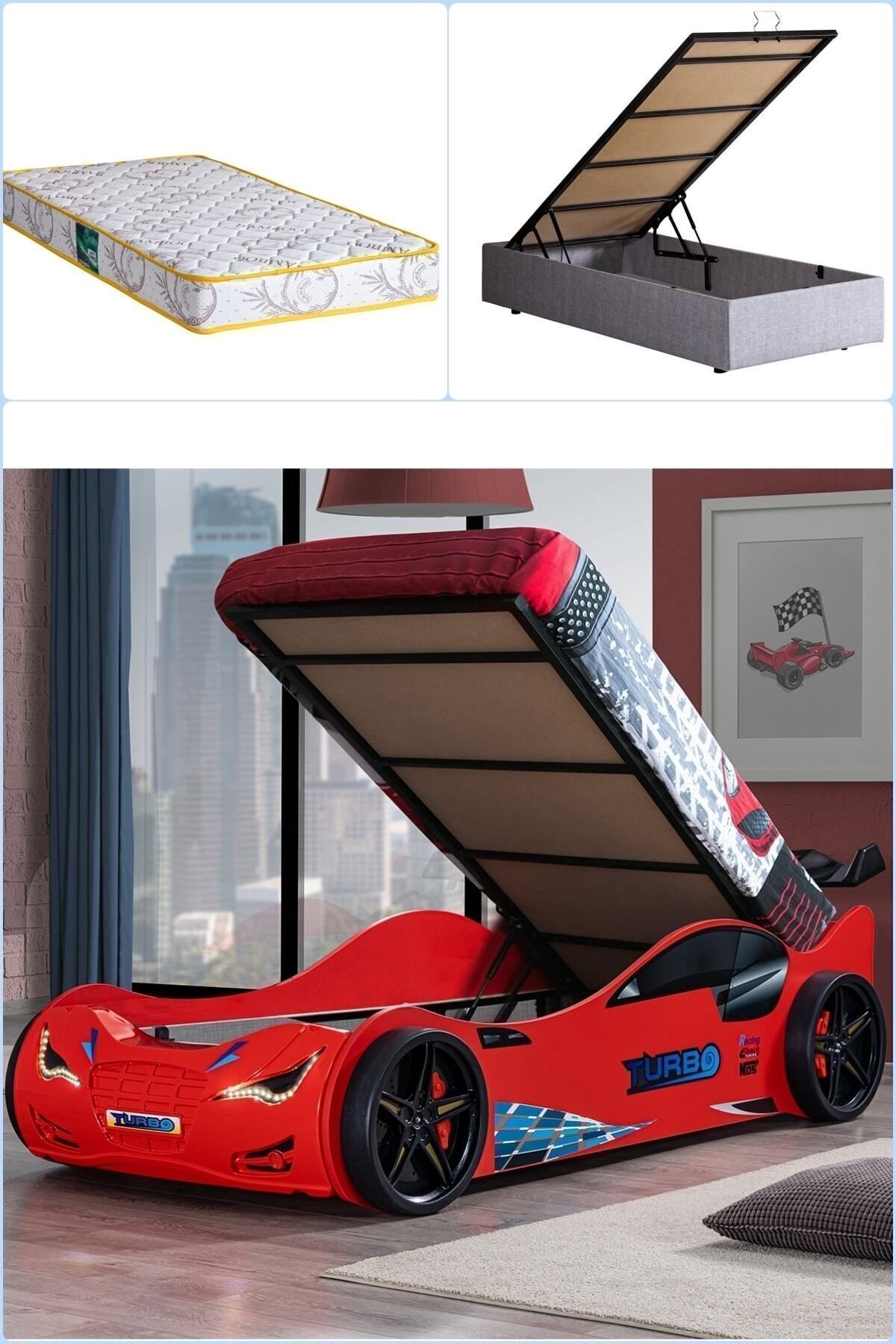 Letto con Carrello, Letto con Carrello e Testiera a Vento Super Base, con LED - Rosso 1 Pezzo Materasso Comfort