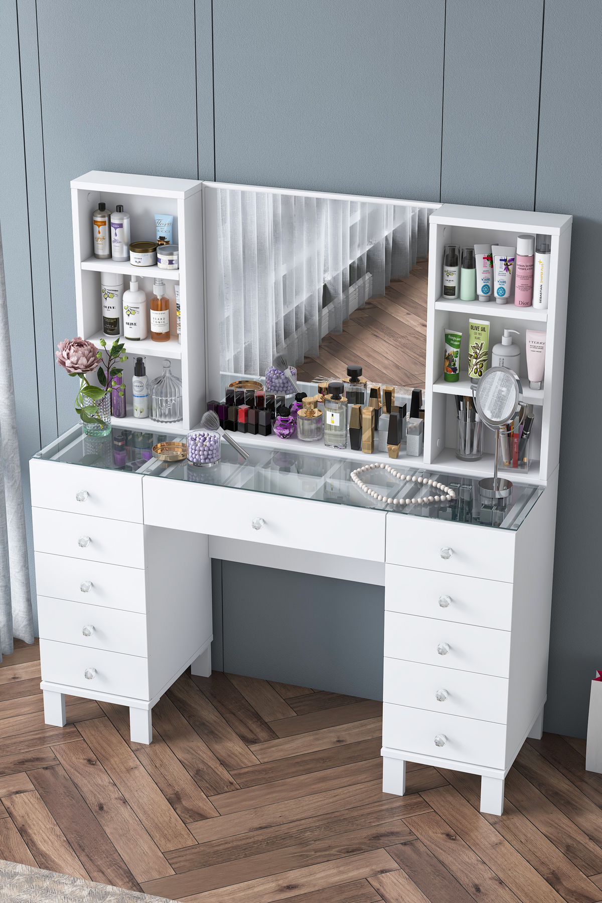 Rani Makeup Table with Drawer, Shelves, Mirror Jewelry Organizer White