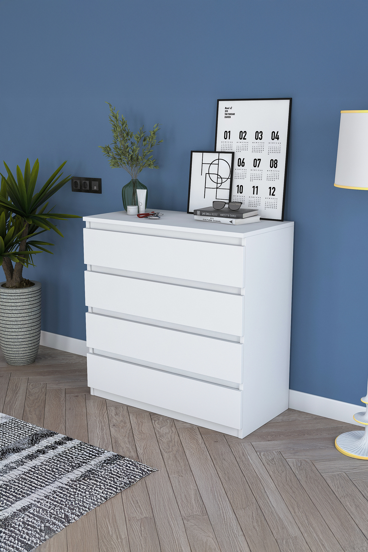 Rani Commode 4 tiroirs Chambre à coucher Chambre de bébé Blanche X cm