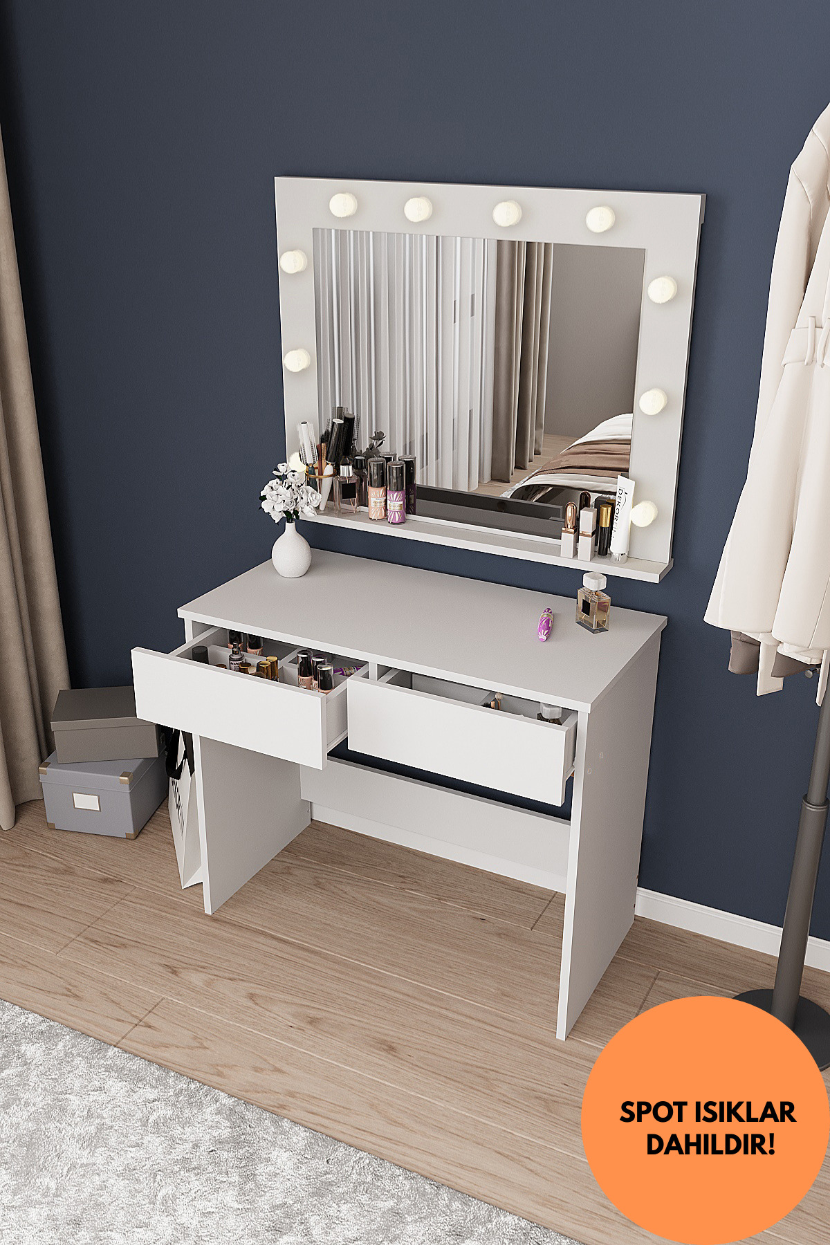 B LED Işıklı Aynalı Holywood Makyaj Masası, Bölmeli Çekmeceli Organizer Kozmetik Masası
