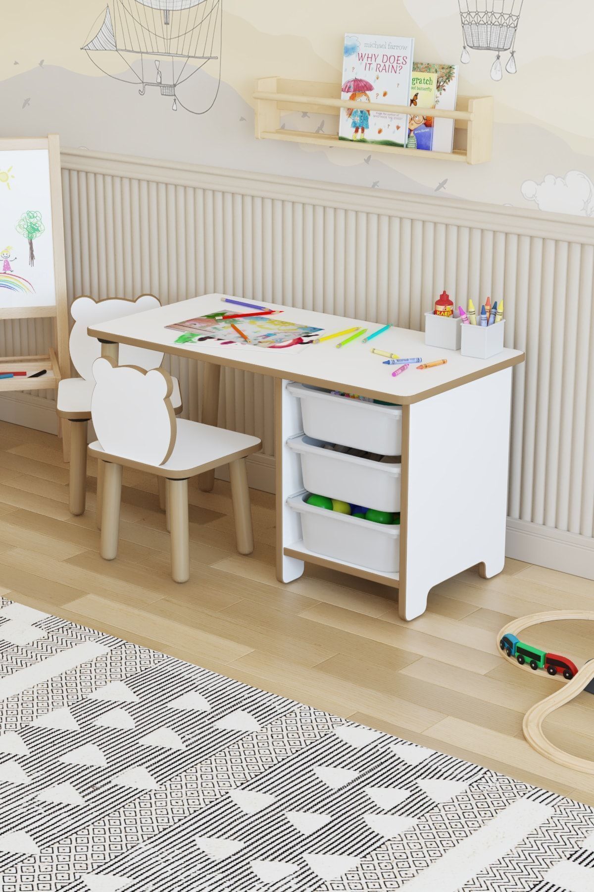 Ensemble table et chaises pour enfants - Table de travail et d'activités avec 3 paniers - Surface effaçable à sec - 2 chaises Panda