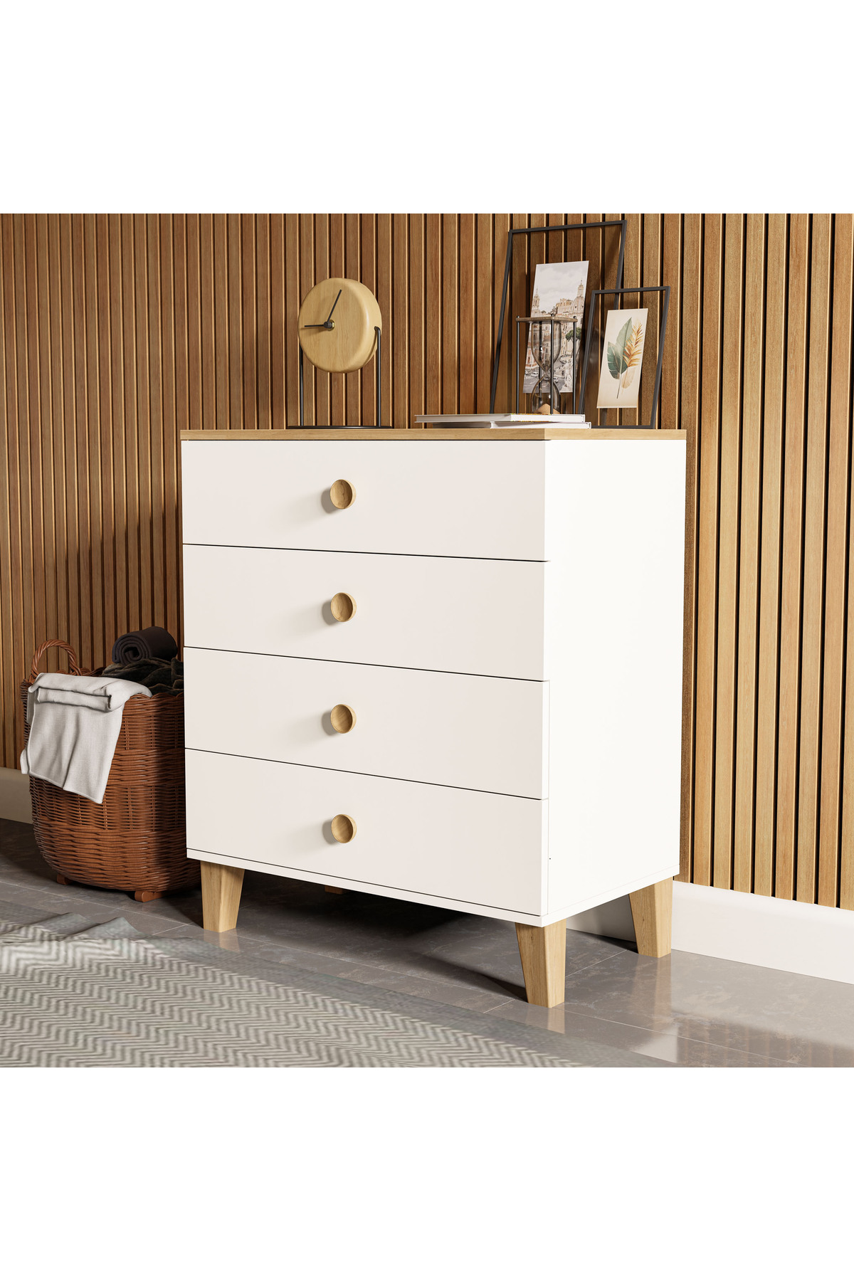 Vento 4-ladenkast met mand - Wit