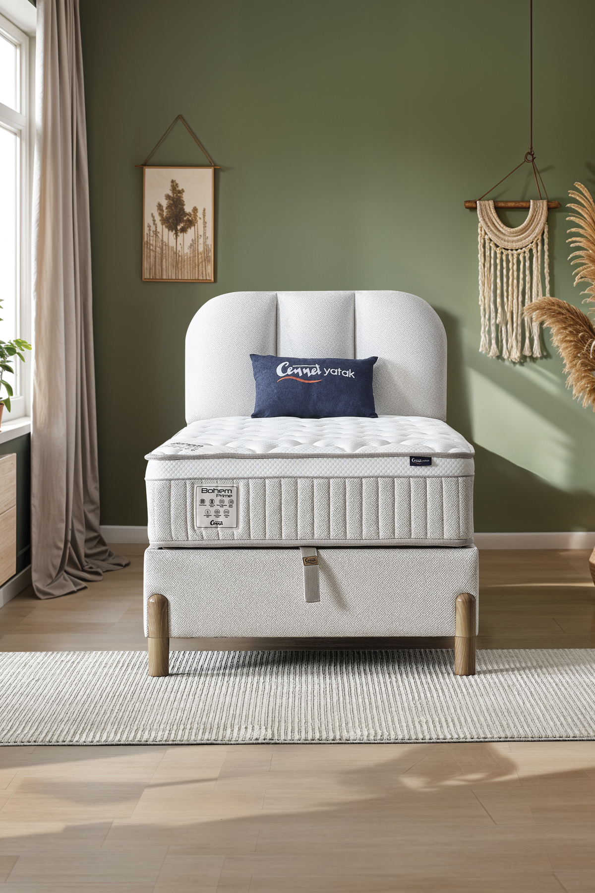 Ensemble de sommeil Bohem Prime pour une personne – Matelas à ressorts ensachés, lit coffre, tête de lit, ensemble 3 pièces