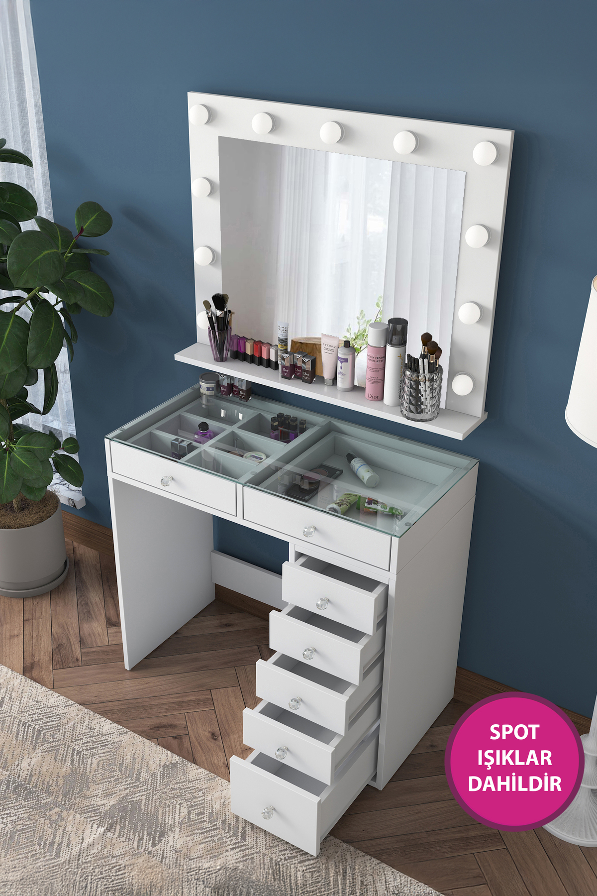 Rani Coiffeuse avec Miroir Éclairé de Style Hollywood, Table en Verre et Organisateur de Bijoux, Blanc