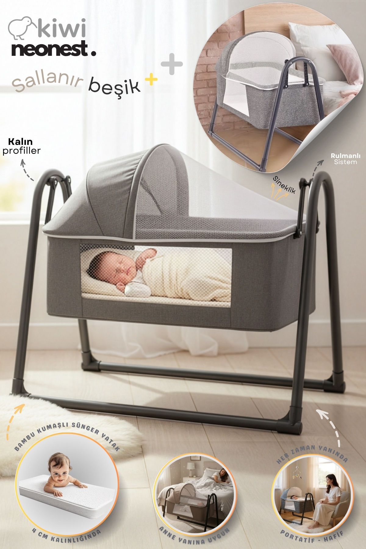 Neonest Berceau avec matelas épais près de la mère, moustiquaire et auvent, à balancement. Berceau panier portable, neuf, anthracite