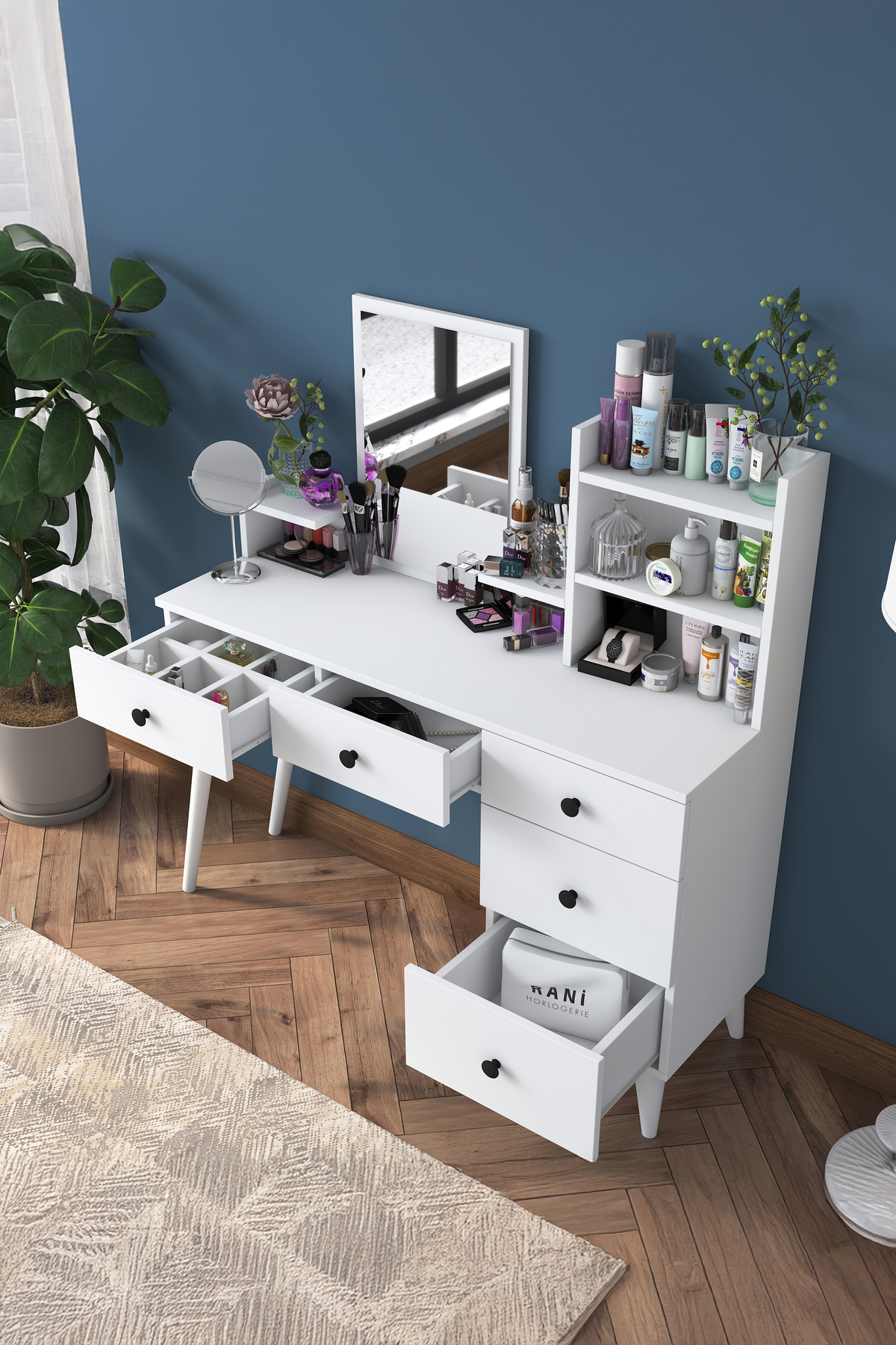 Coiffeuse avec miroir et 5 tiroirs, étagère pour bijoux, blanche