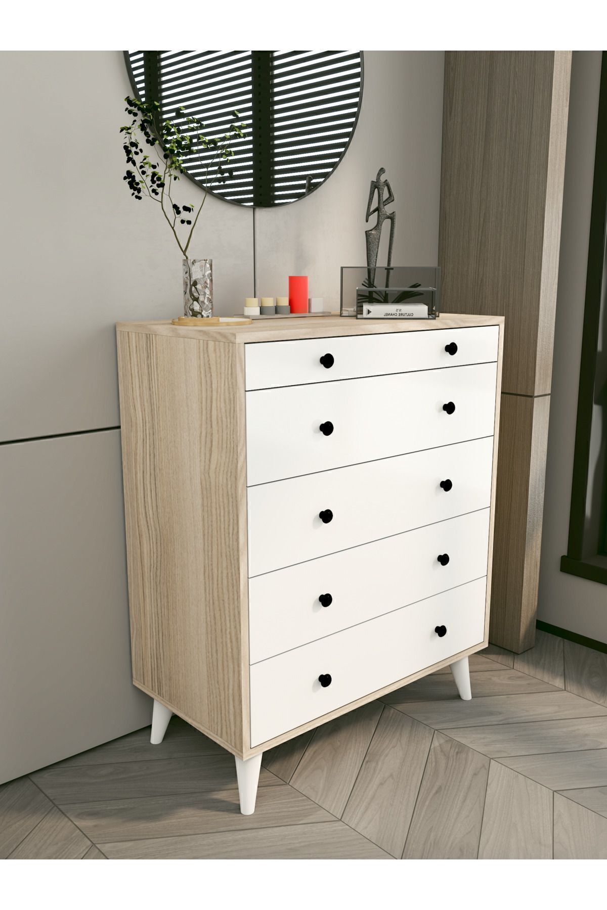 Cordoba Dressoir Glanzend Wit-Bruin 5 Lades Landelijke Houten Nachtkastje