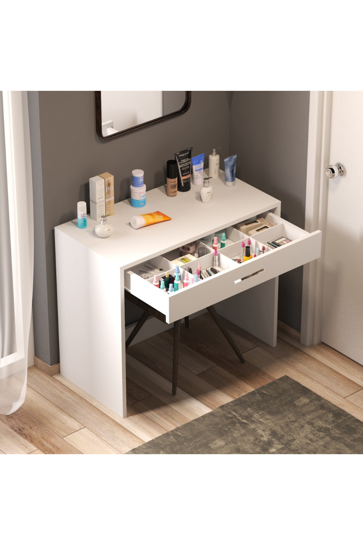 Arya Novella White Makeup Table with Drawers and Compartments (WITH HANDLE)