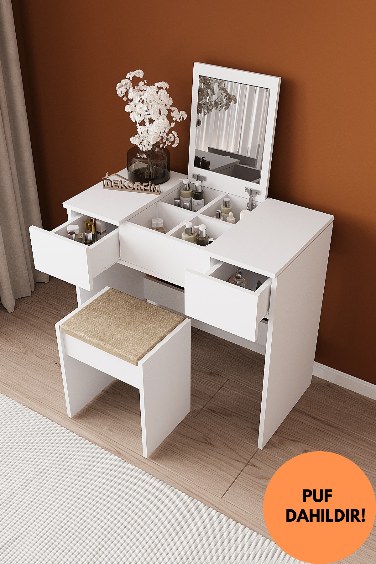 B Anka Vanity Dressing Table with Mirror, Drawers, and Ottoman, White Bedroom Organizer