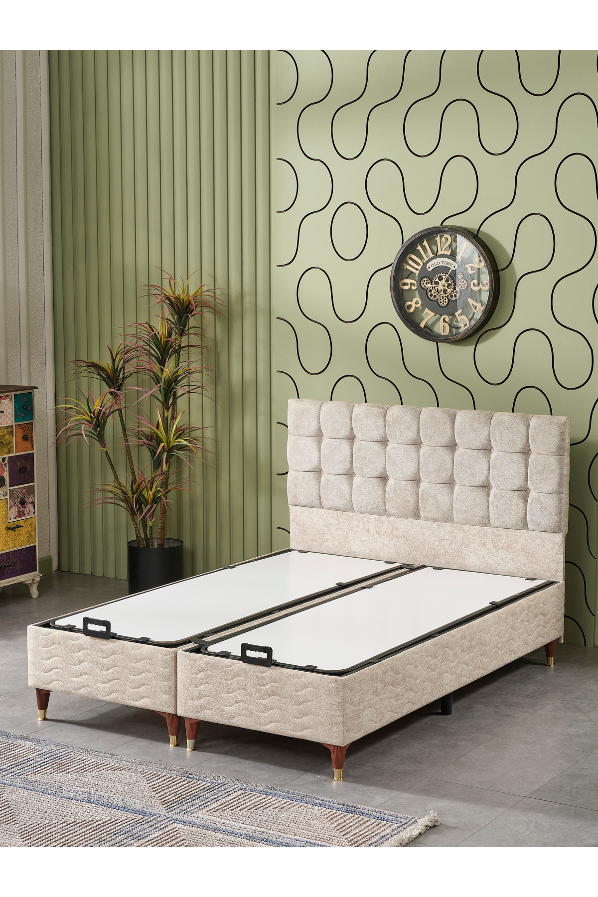 Bengü Lit Double (Tête de Lit + Sommier + Matelas) Set de 3 (JERY Crème)