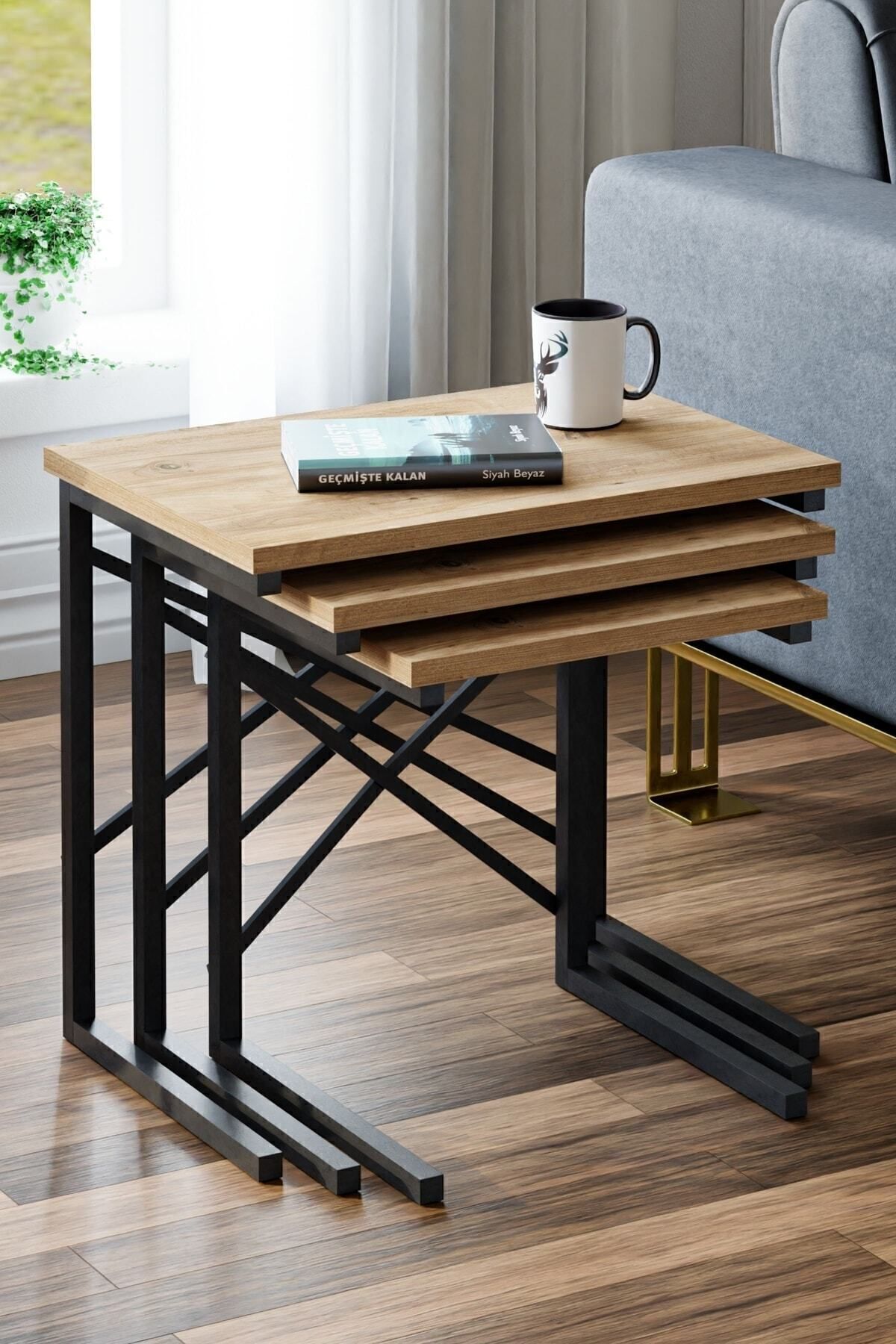 Table gigogne 3 pièces  en métal avec pieds - Pin