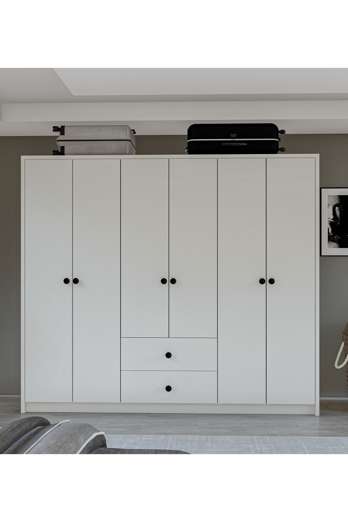 Gm  Deluxe Armoire 6 Portes 2 Tiroirs avec Poignées Bouton