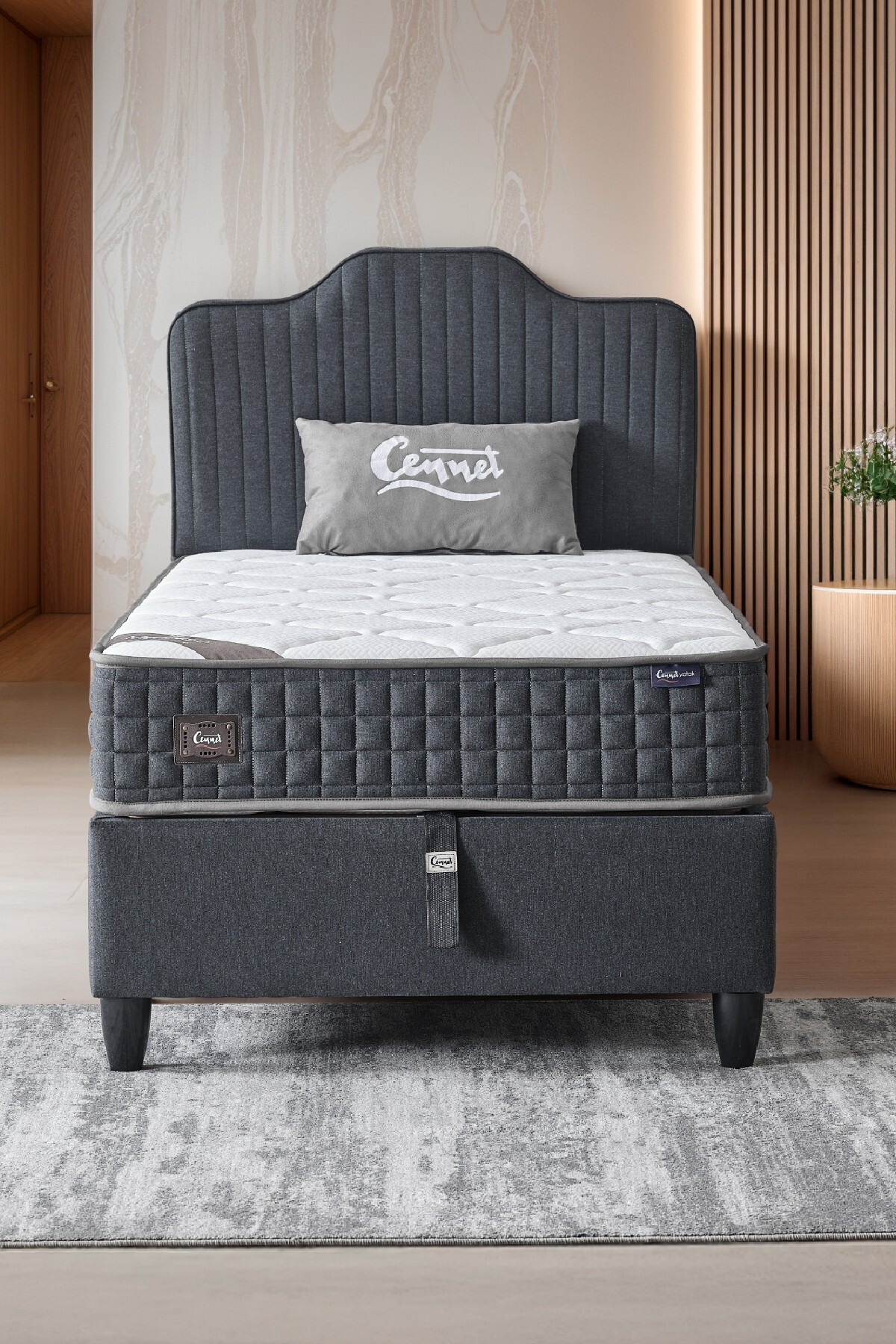 Lit antibactérien entièrement orthopédique modèle Menekşe pour une personne, ensemble 3 pièces comprenant matelas, sommier et tête de lit