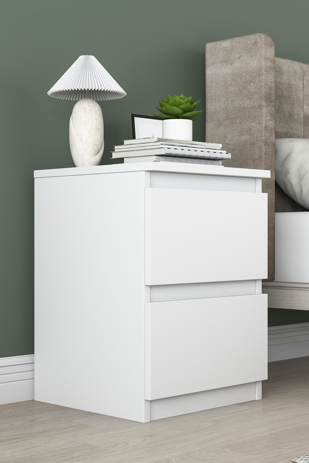 Table de chevet Rani pour chambre à coucher avec 2 tiroirs, blanche