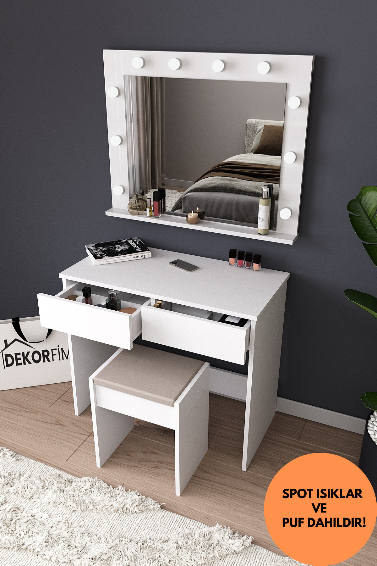B LED Lighted Mirror Organizer Makeup Table with Stool, Compartmentalized Drawer Cosmetic Table
