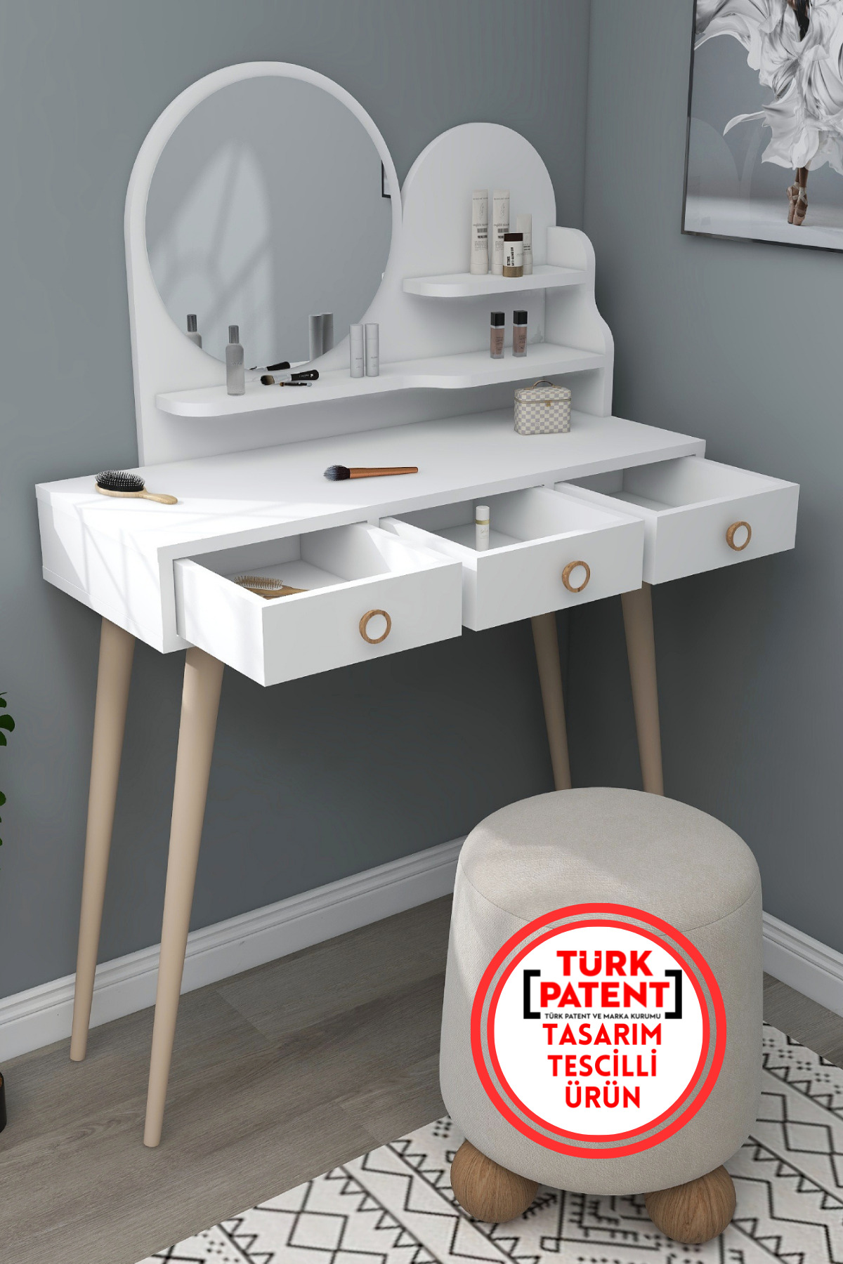 Coiffeuse en bois avec miroir et tiroirs Ruges sur pieds, blanc - Ruges