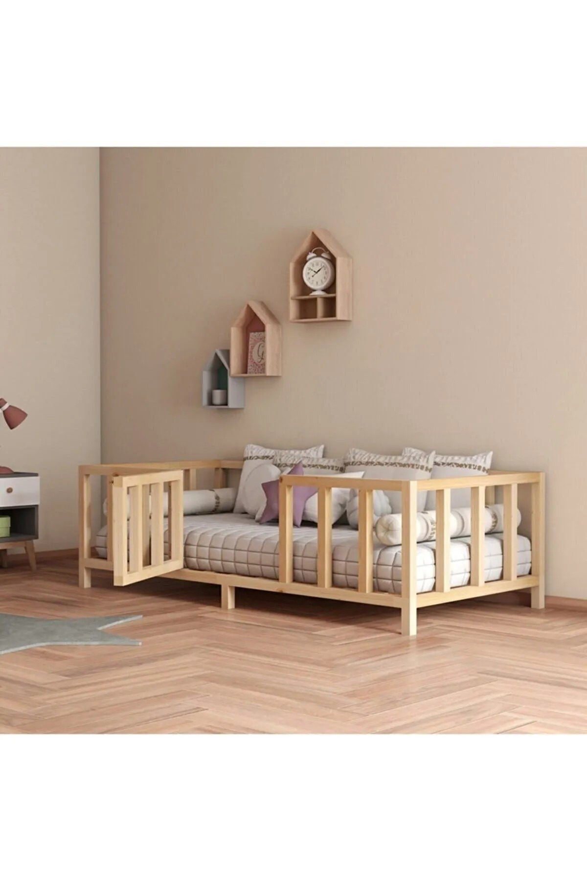Lit Montessori Unisexe pour Bébé et Enfant avec Portes en Bois Naturel