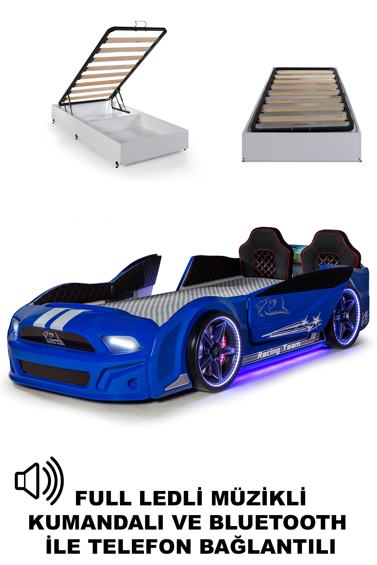 Porte Letto con Macchina Basale Apribile Mustang con LED Completo, Telecomando e Musica