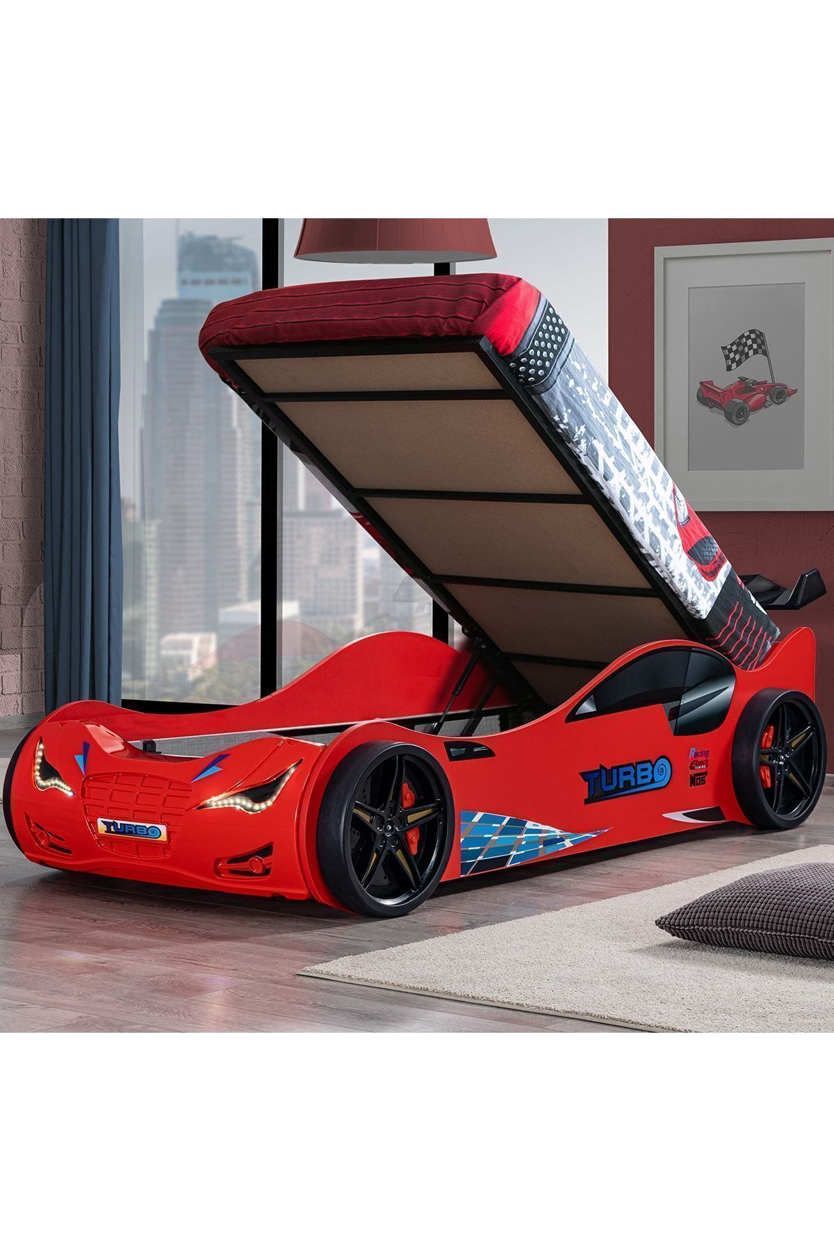 Letto con Carrello, Letto con Carrello e Testiera a Vento Super Base, con LED - Rosso 1 Pezzo Materasso Comfort
